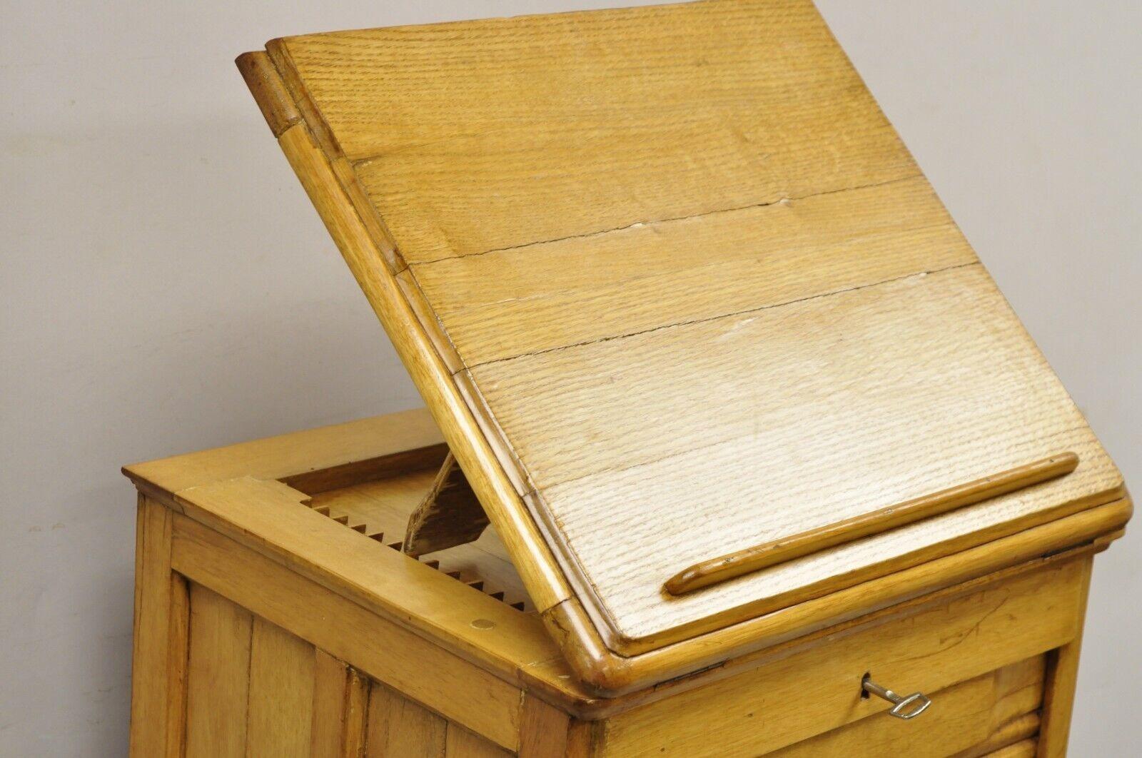 Antique Arts & Crafts Oak & Maple Wood Tambour Shutter Door Filing Cabinet For Sale 1