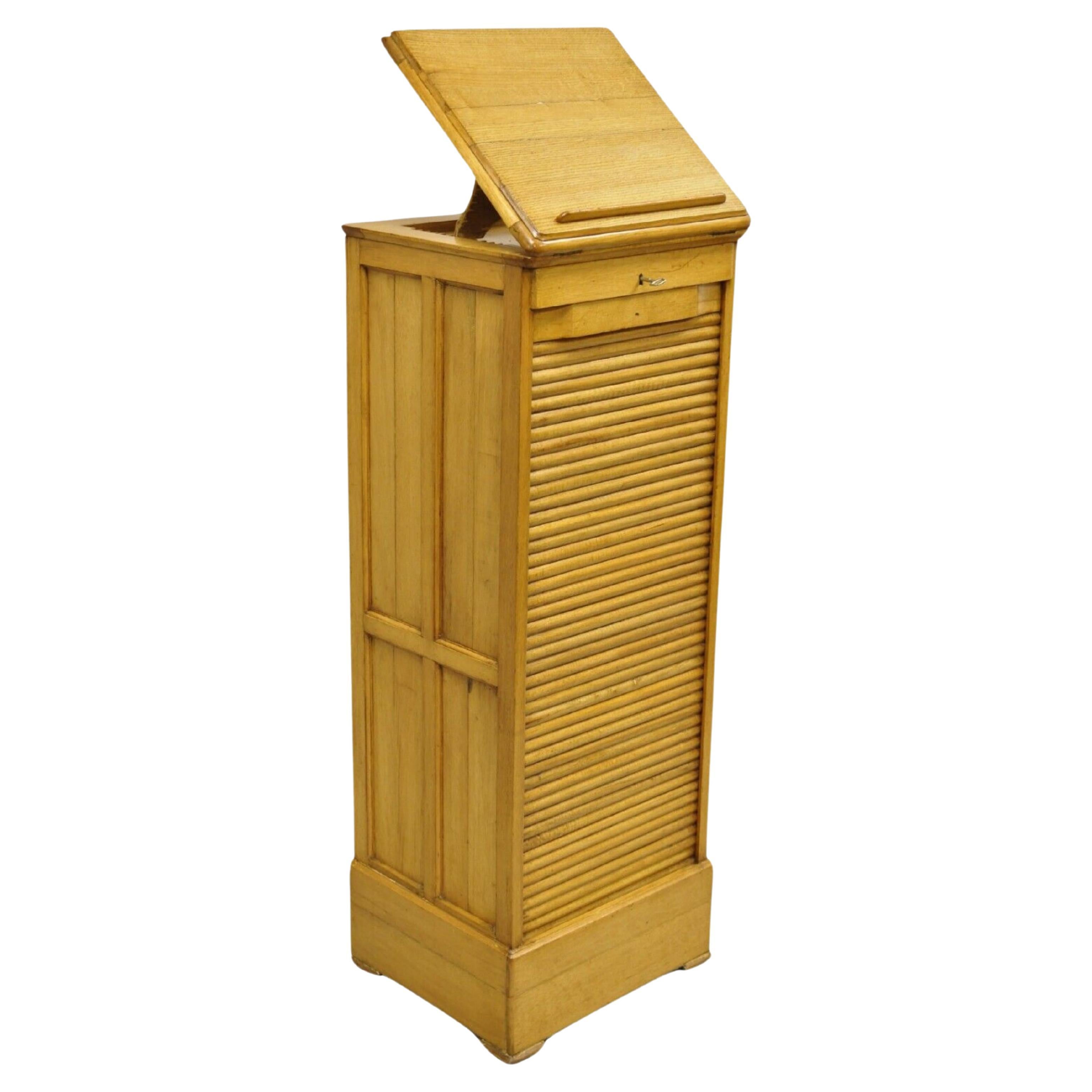 Antike Arts & Crafts Oak & Maple Wood Tambour Shutter Door Filing Cabinet