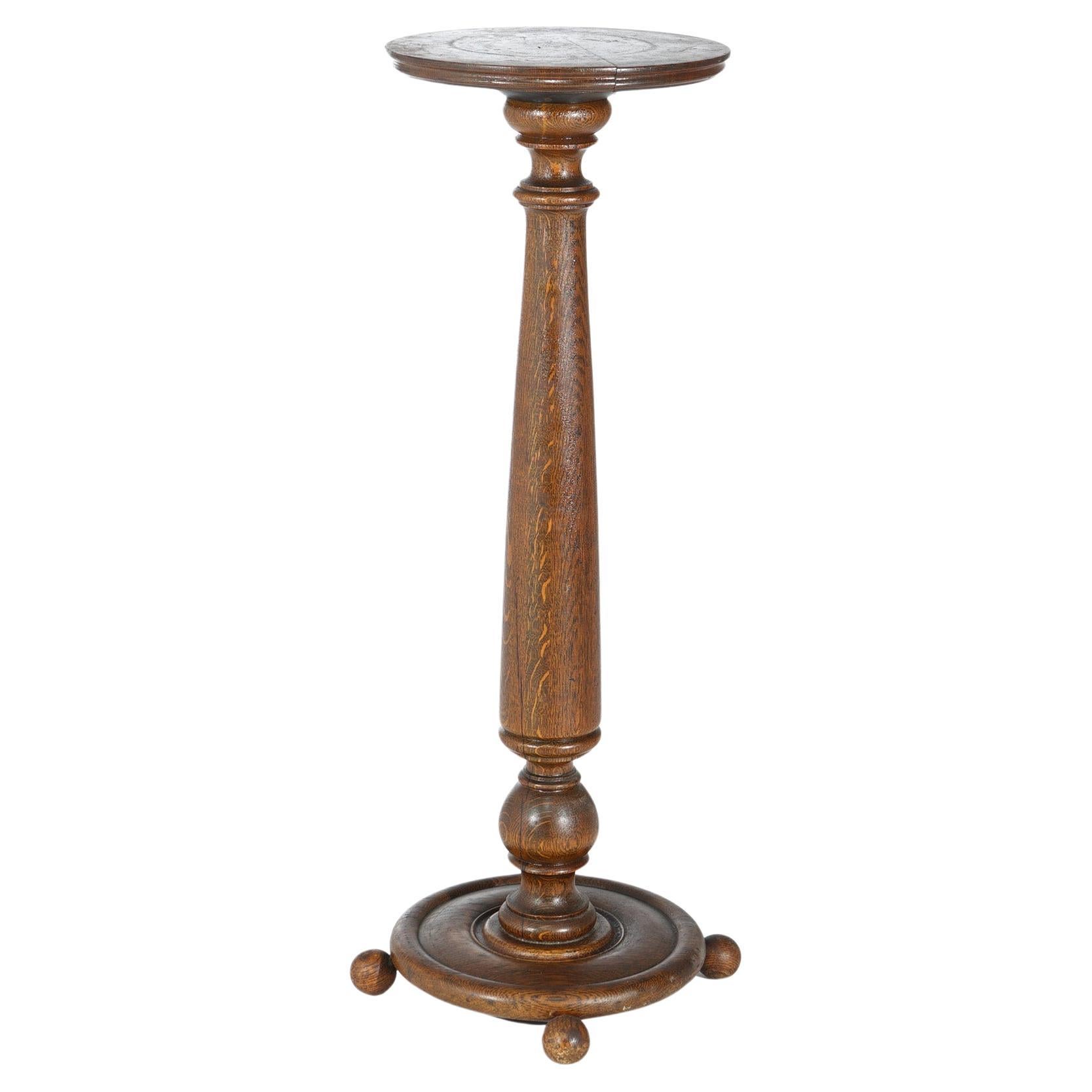 Antique Arts & Crafts Oak Pedestal Plant Stand Circa 1900 For Sale