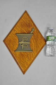 Antique Arts & Crafts Oak Pharmacy Apothecary Bronze Mortar & Pestle Wall Plaque