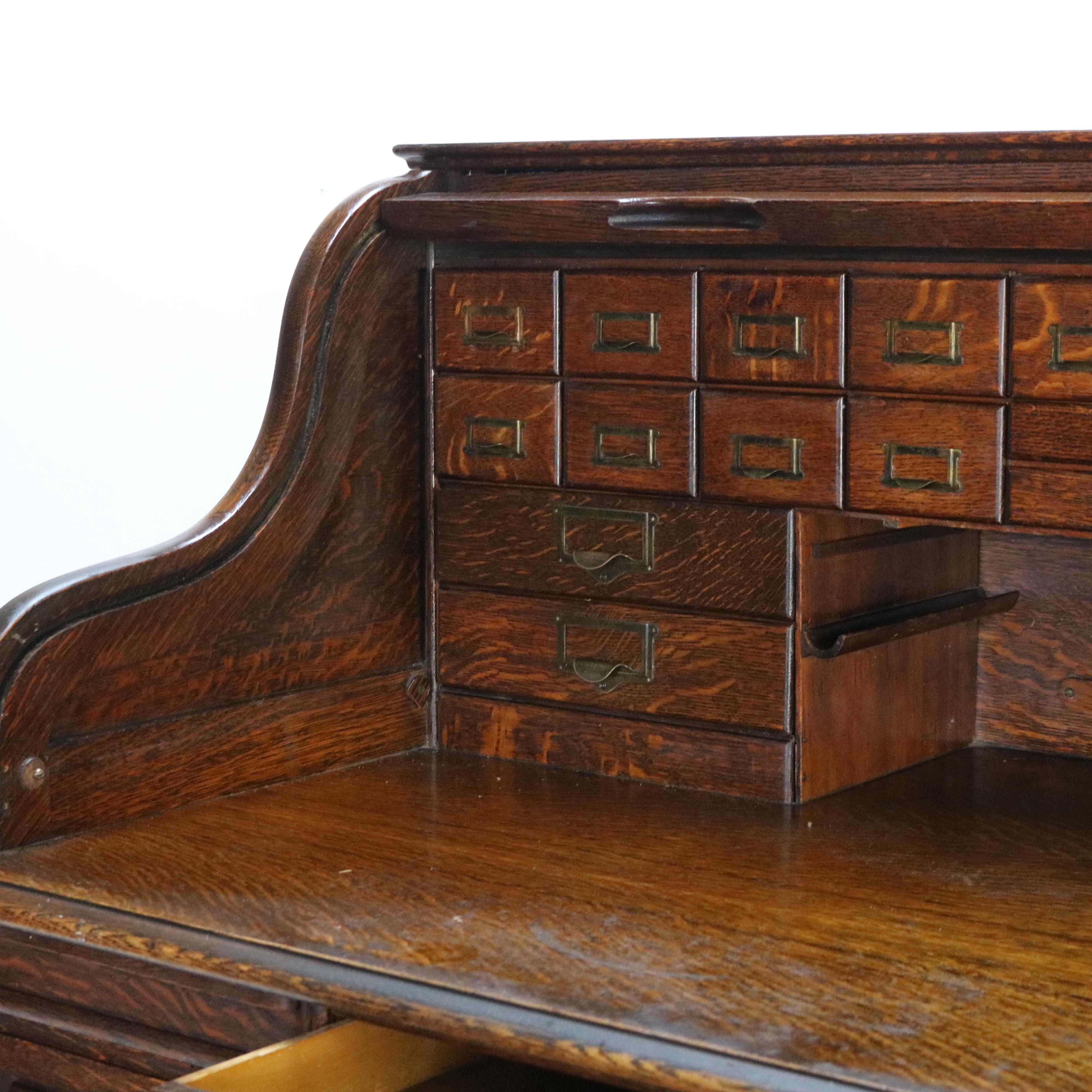 Antique Arts & Crafts Oak Raised Panel S-Roll Top Desk with Full Interior C1900 For Sale 6