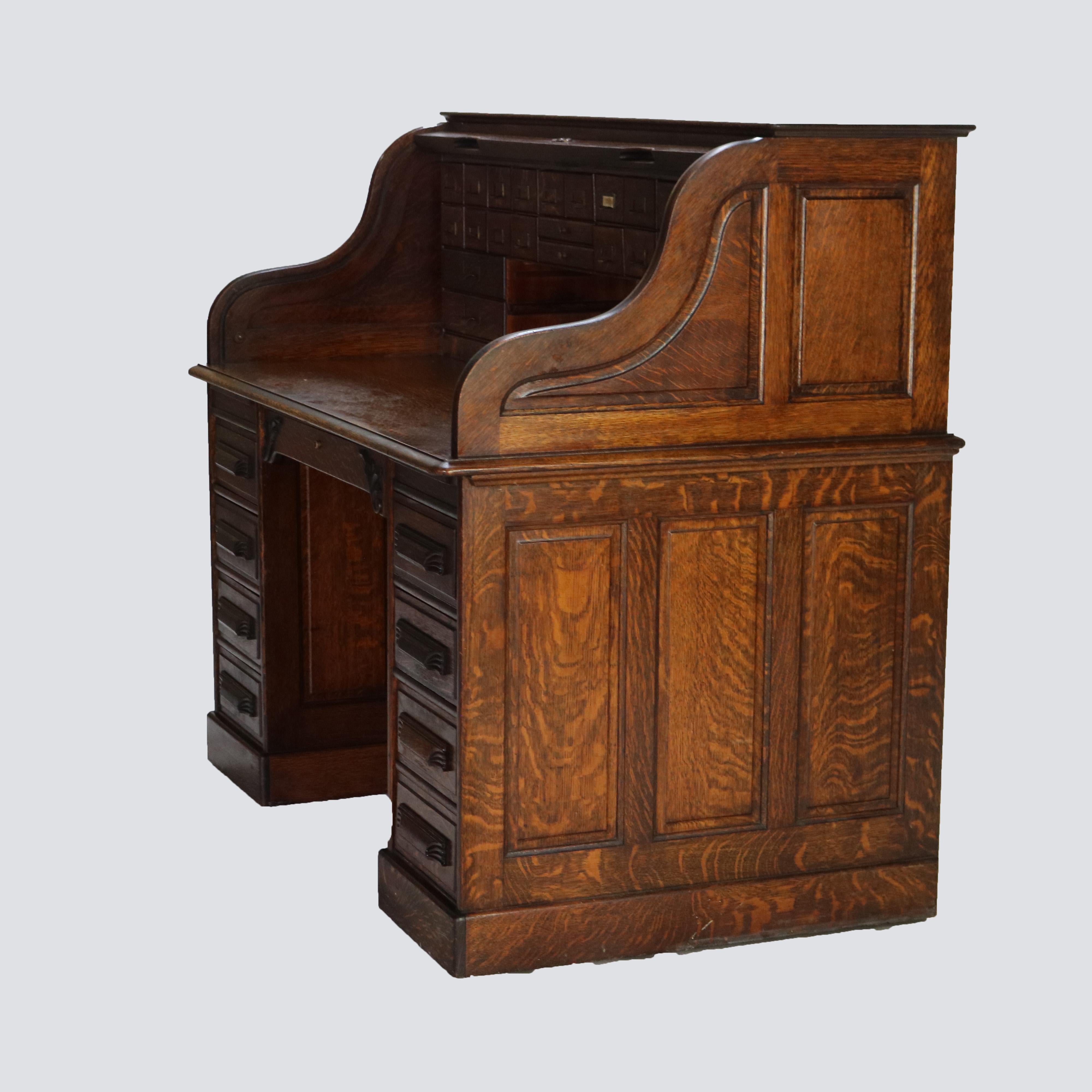 Antique Arts & Crafts Oak Raised Panel S-Roll Top Desk with Full Interior C1900 For Sale 12