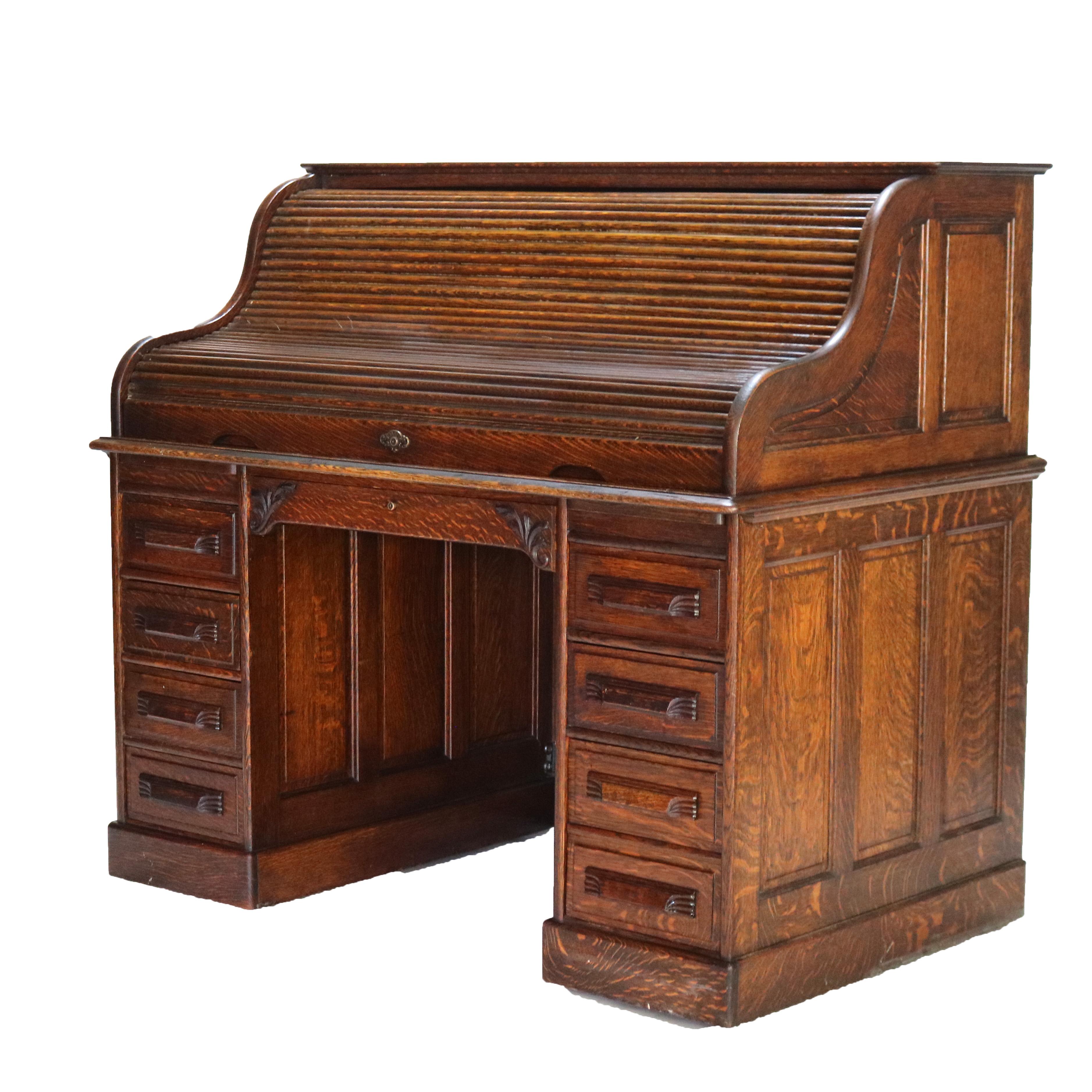 Arts and Crafts Antique Arts & Crafts Oak Raised Panel S-Roll Top Desk with Full Interior C1900 For Sale