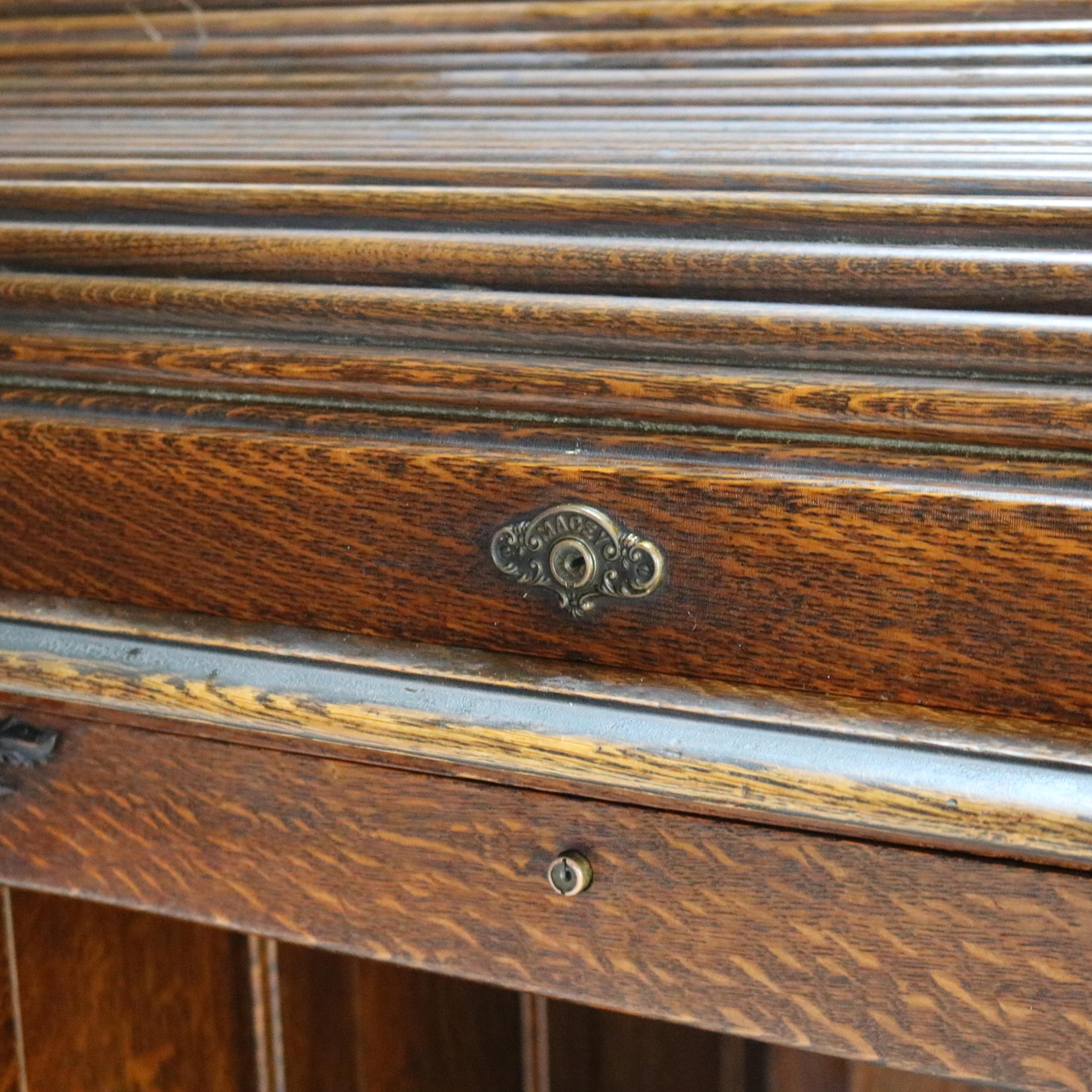 20th Century Antique Arts & Crafts Oak Raised Panel S-Roll Top Desk with Full Interior C1900 For Sale
