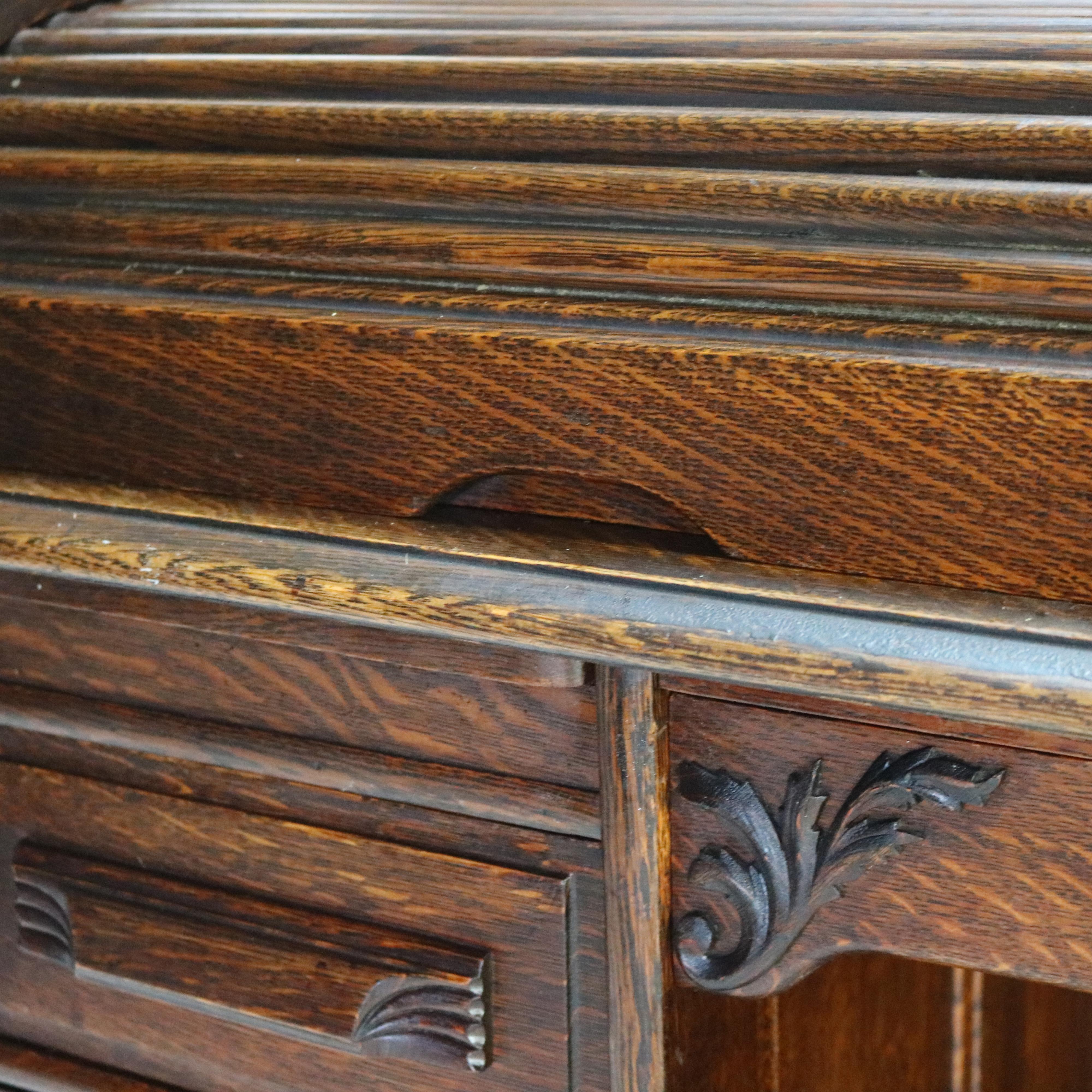 Antique Arts & Crafts Oak Raised Panel S-Roll Top Desk with Full Interior C1900 For Sale 1