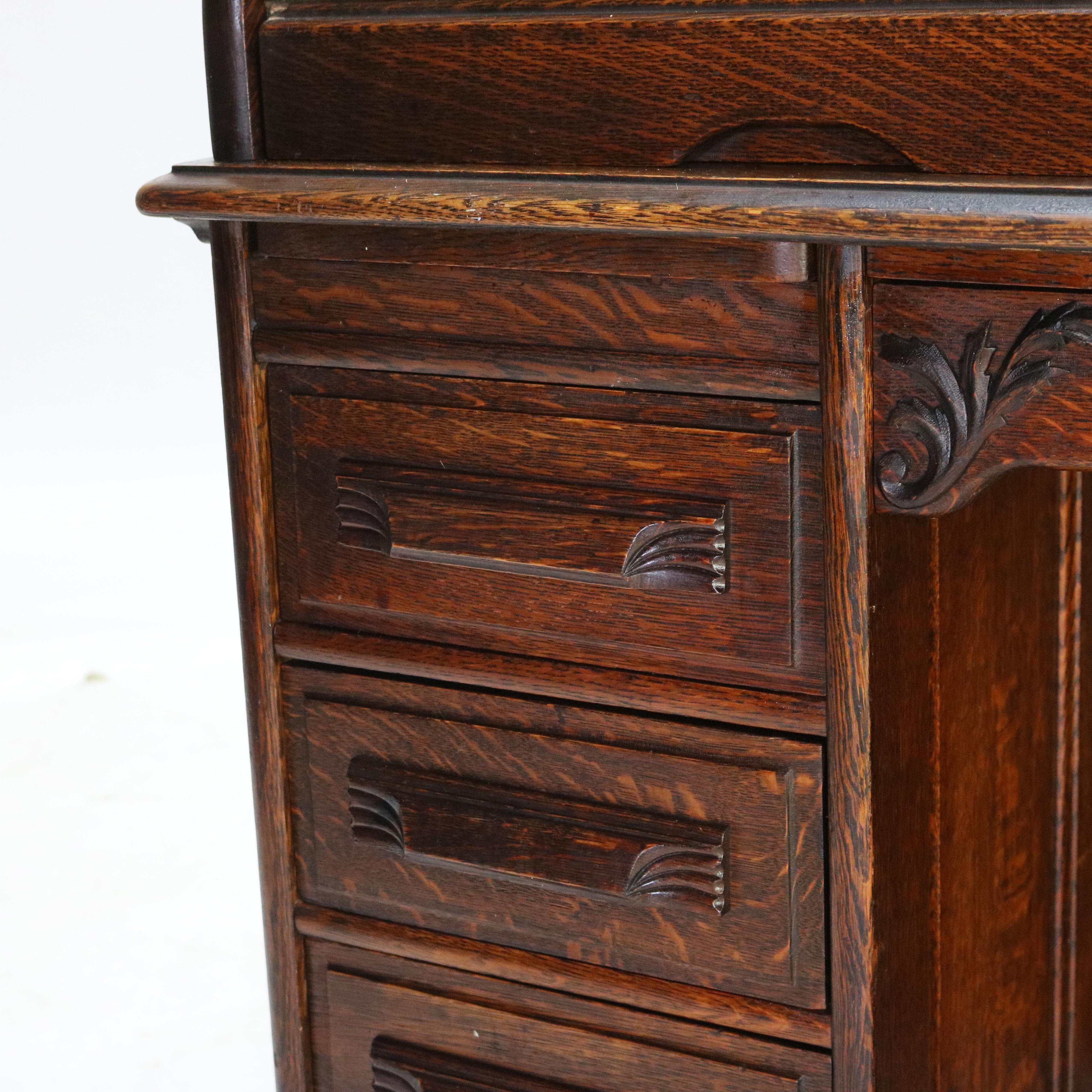 Antique Arts & Crafts Oak Raised Panel S-Roll Top Desk with Full Interior C1900 For Sale 2