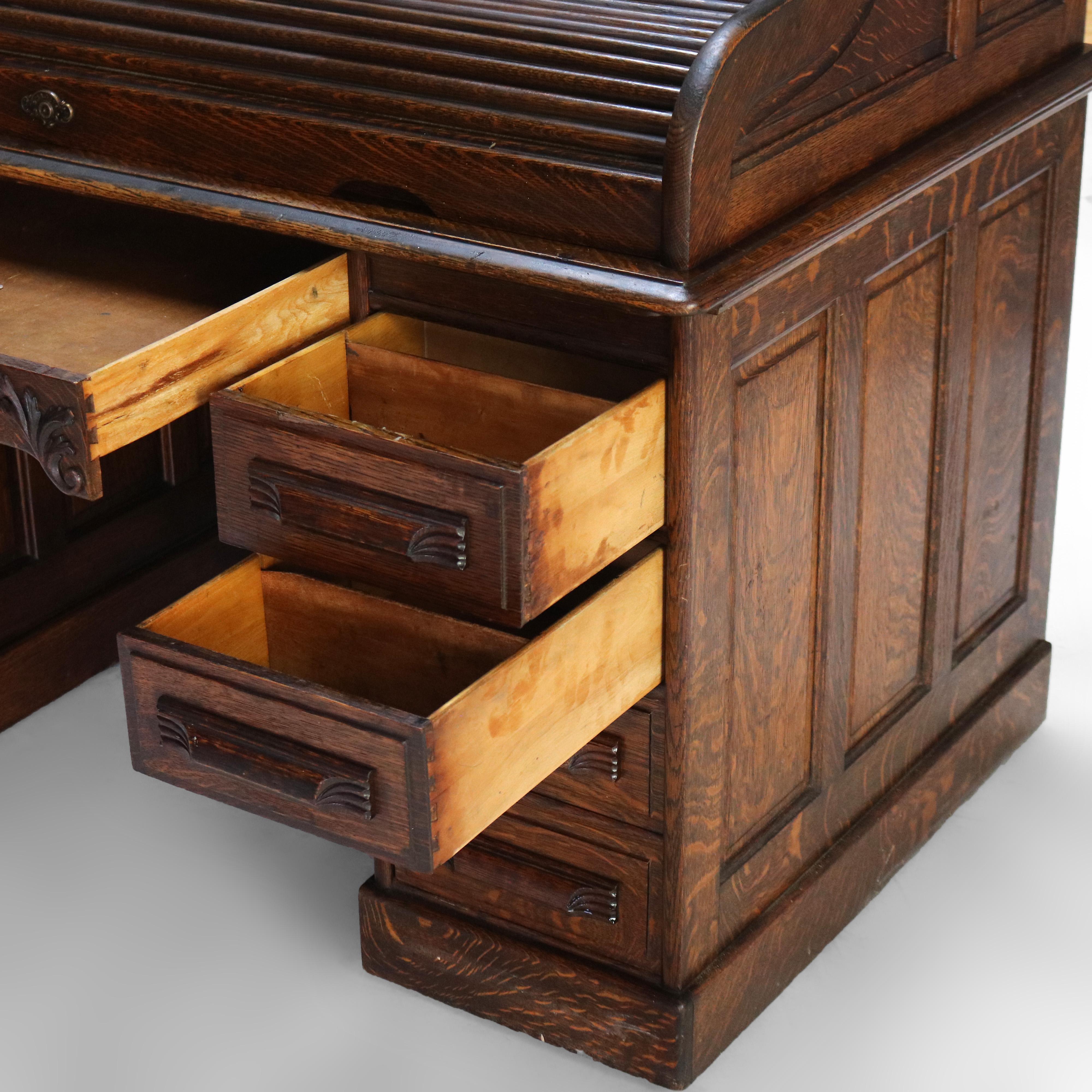 Antique Arts & Crafts Oak Raised Panel S-Roll Top Desk with Full Interior C1900 For Sale 3