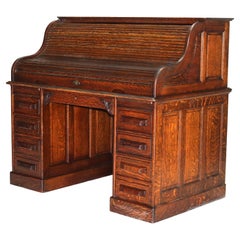 Antique Arts & Crafts Oak Raised Panel S-Roll Top Desk with Full Interior C1900