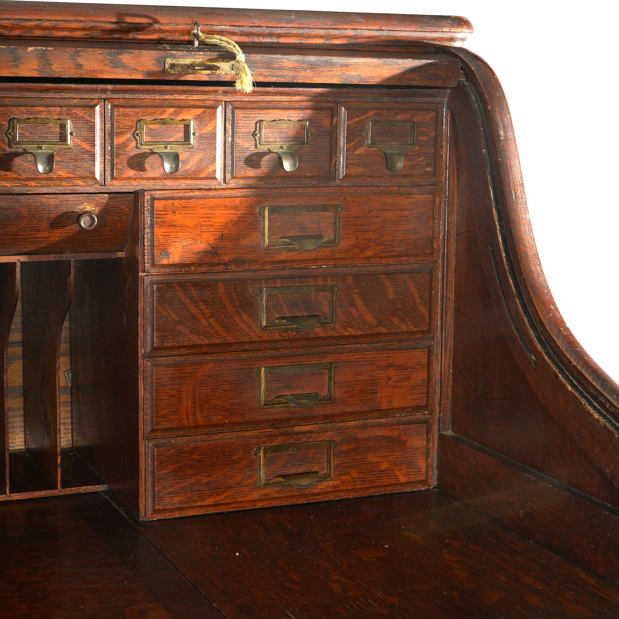 Antique Arts & Crafts Oak Roll Top Paneled Desk with Full Interior C1900 6