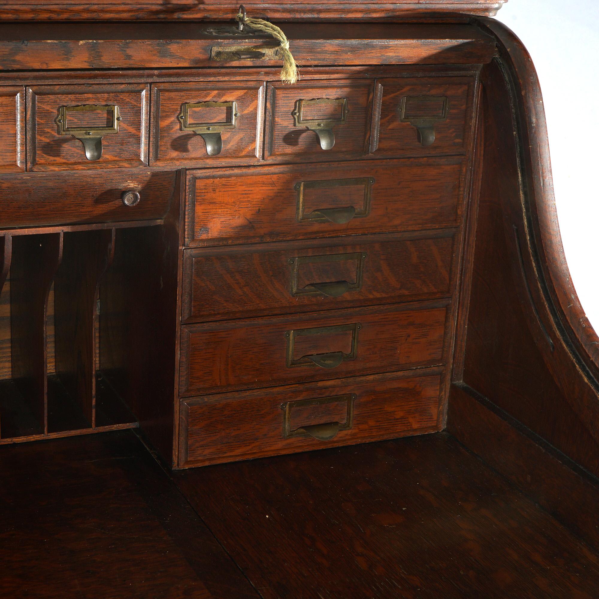 Antique Arts & Crafts Oak Roll Top Paneled Desk with Full Interior C1900 7