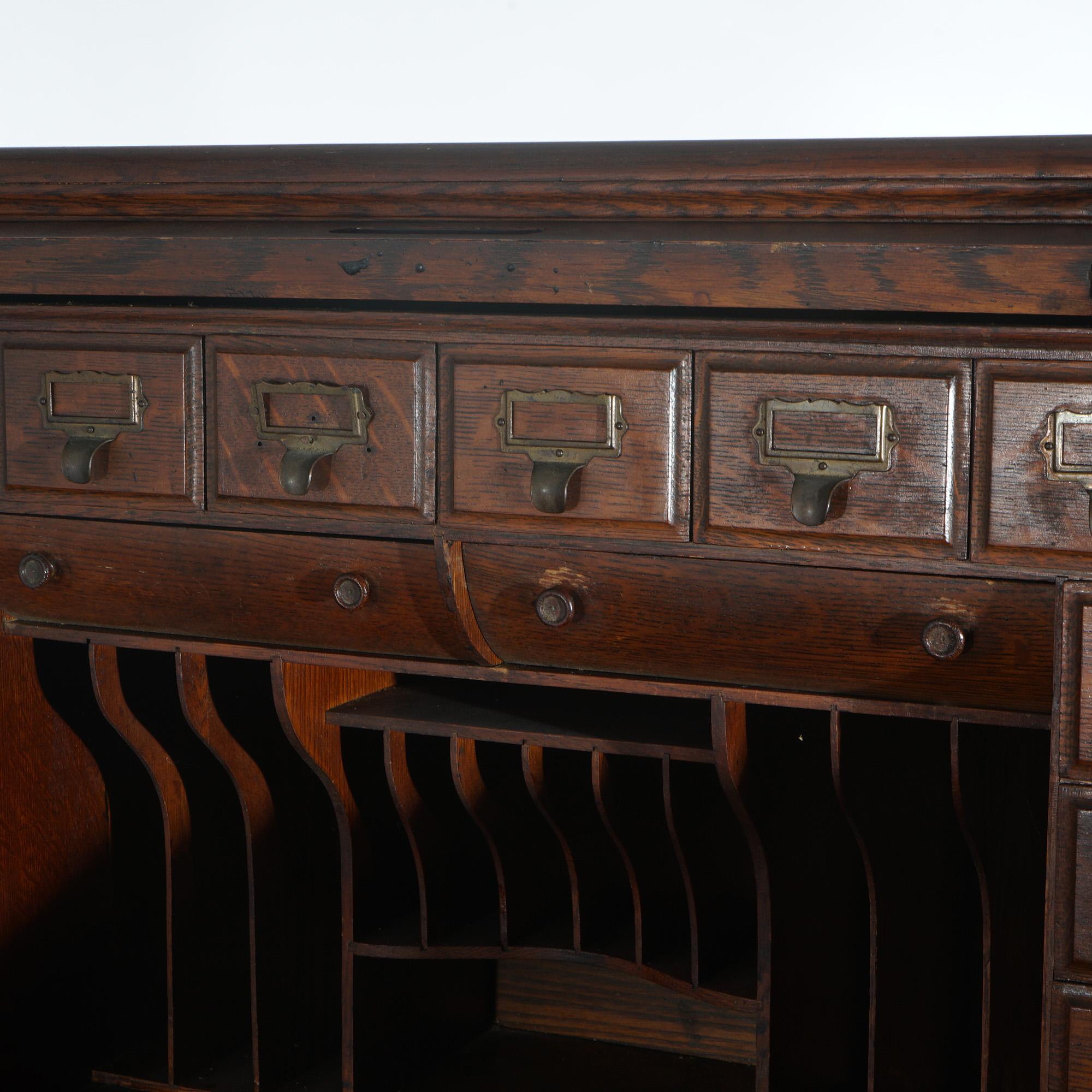 Antique Arts & Crafts Oak Roll Top Paneled Desk with Full Interior C1900 8