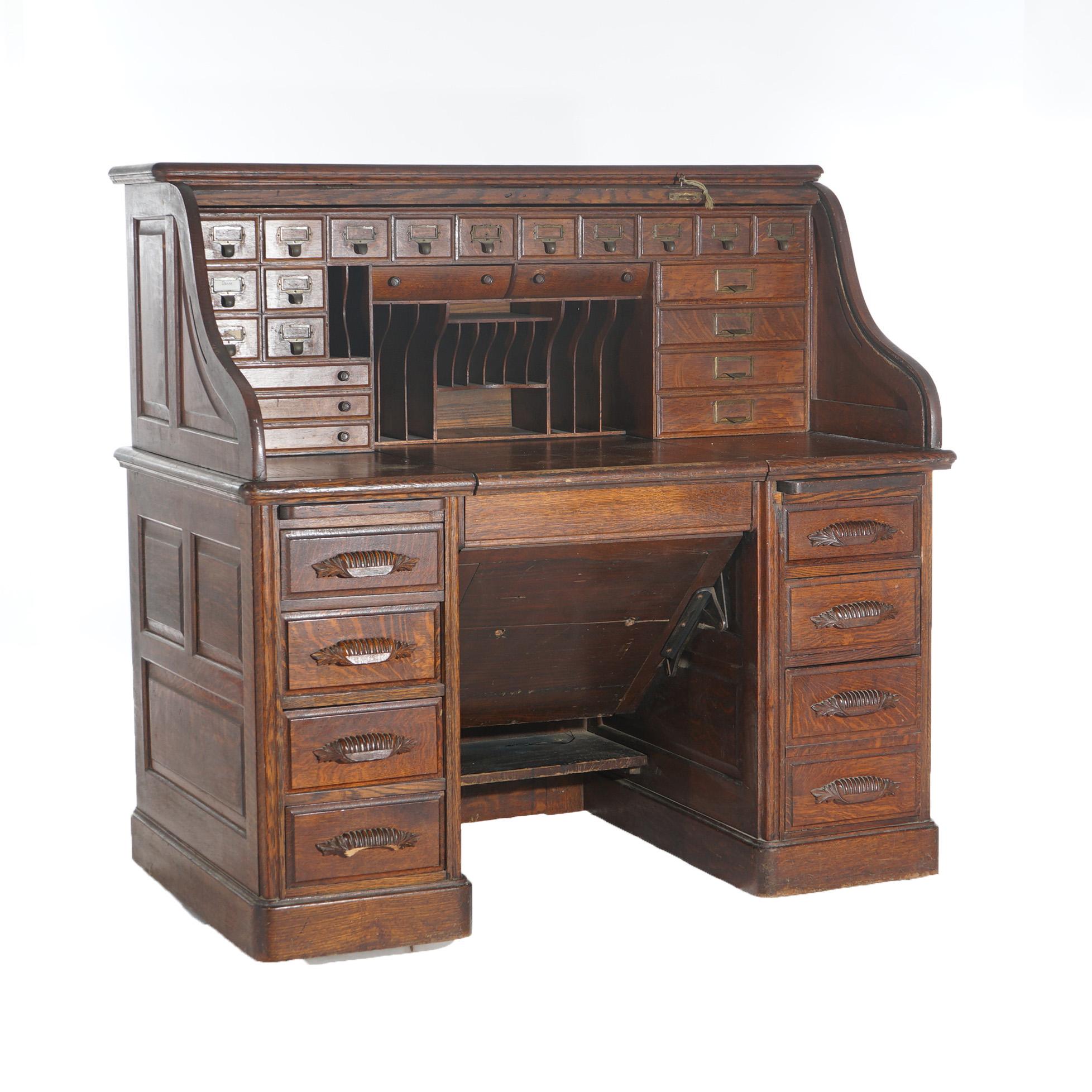 Antique Arts & Crafts Oak Roll Top Paneled Desk with Full Interior C1900 9