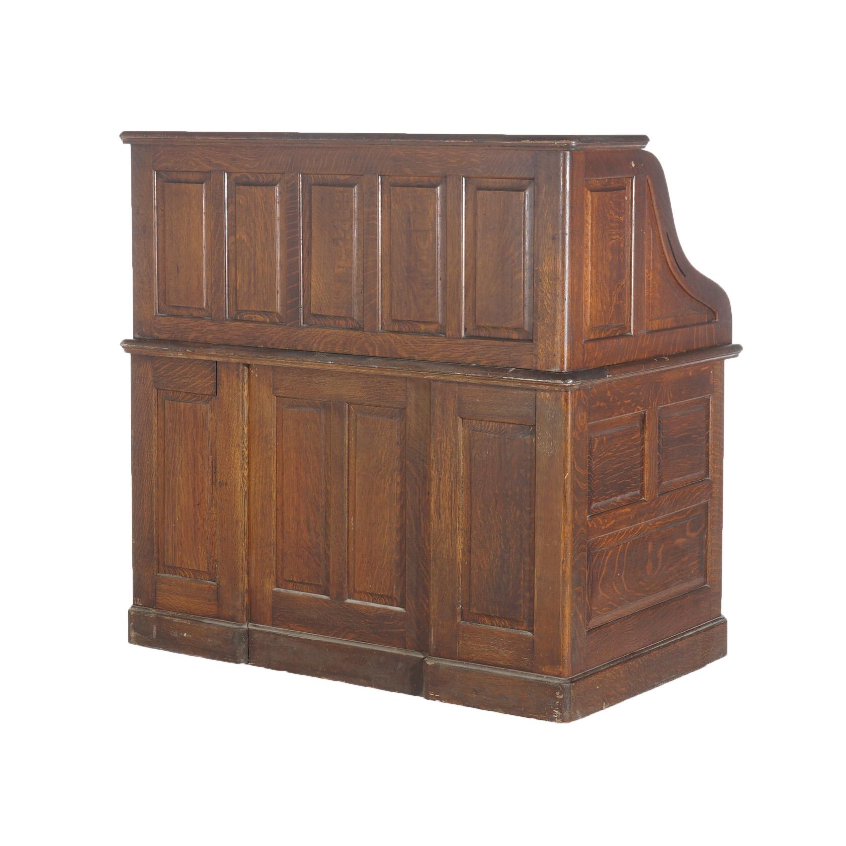 Antique Arts & Crafts Oak Roll Top Paneled Desk with Full Interior C1900 10