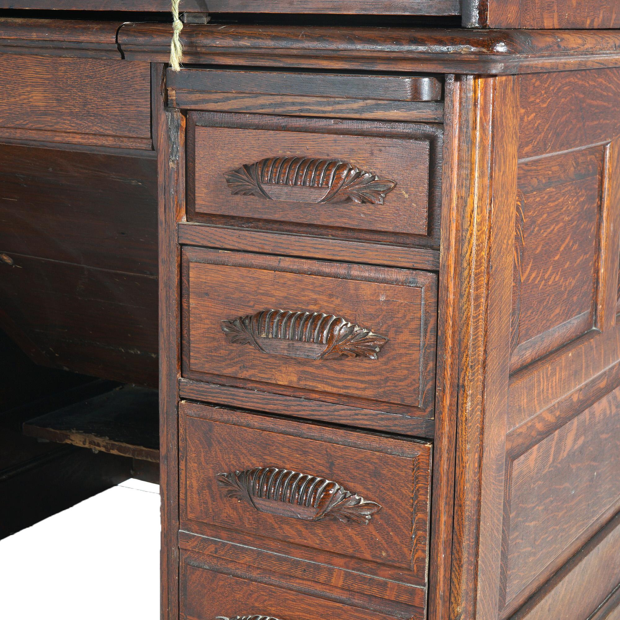 ***Ask About Reduced In-House Delivery Rates - Reliable Professional Service & Fully Insured***

Antique Arts & Crafts Oak Roll Top Paneled Desk with Full Interior C1900

Measures - 51
