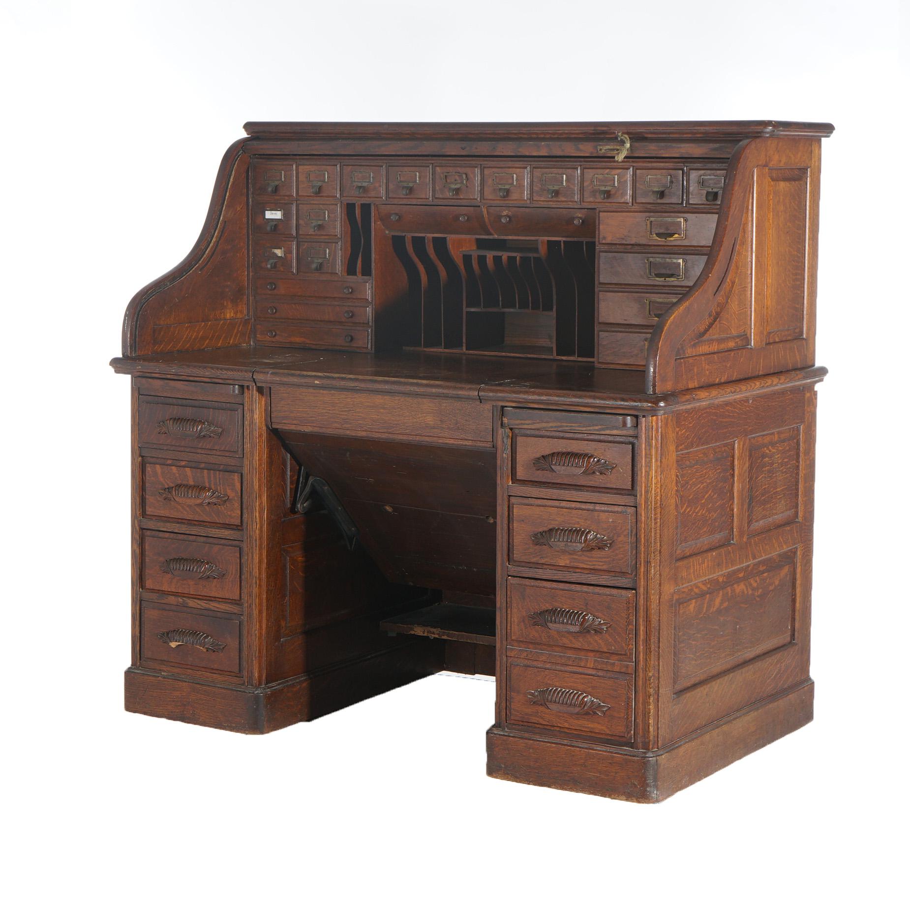 Antique Arts & Crafts Oak Roll Top Paneled Desk with Full Interior C1900 3
