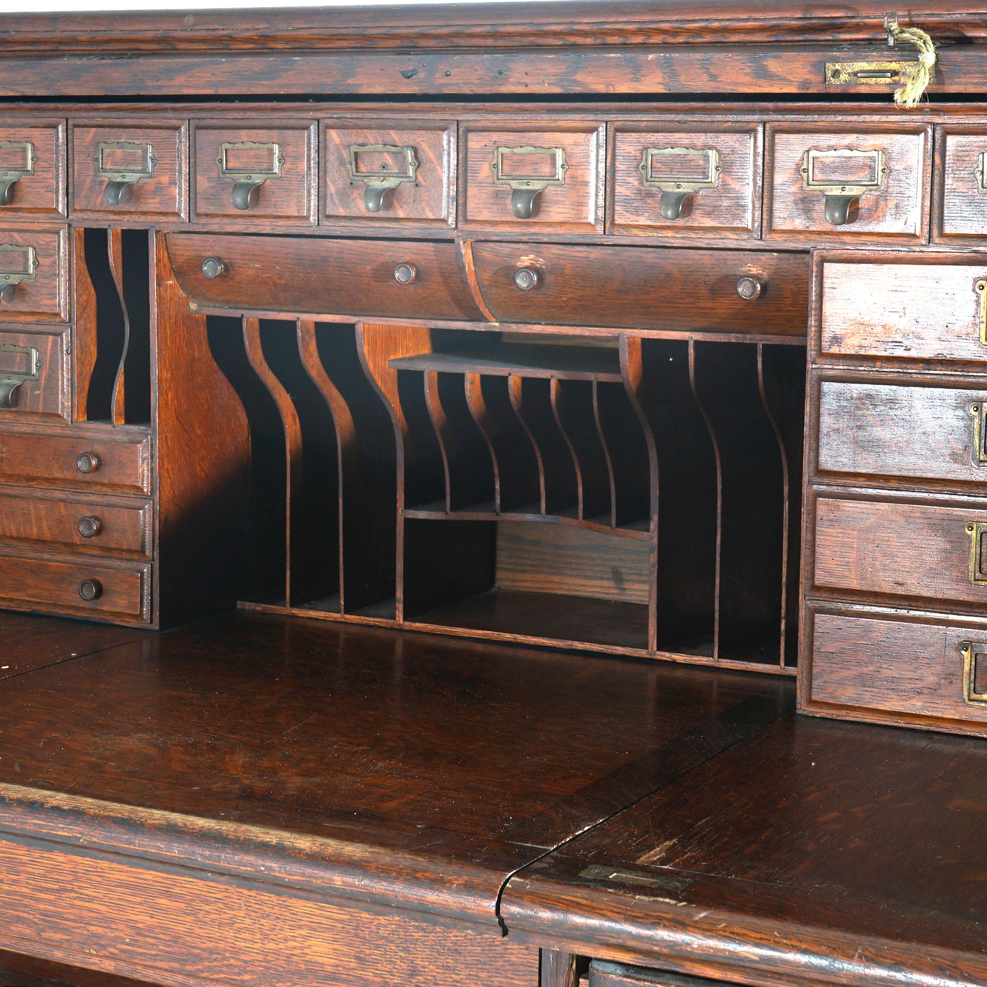 Antique Arts & Crafts Oak Roll Top Paneled Desk with Full Interior C1900 4