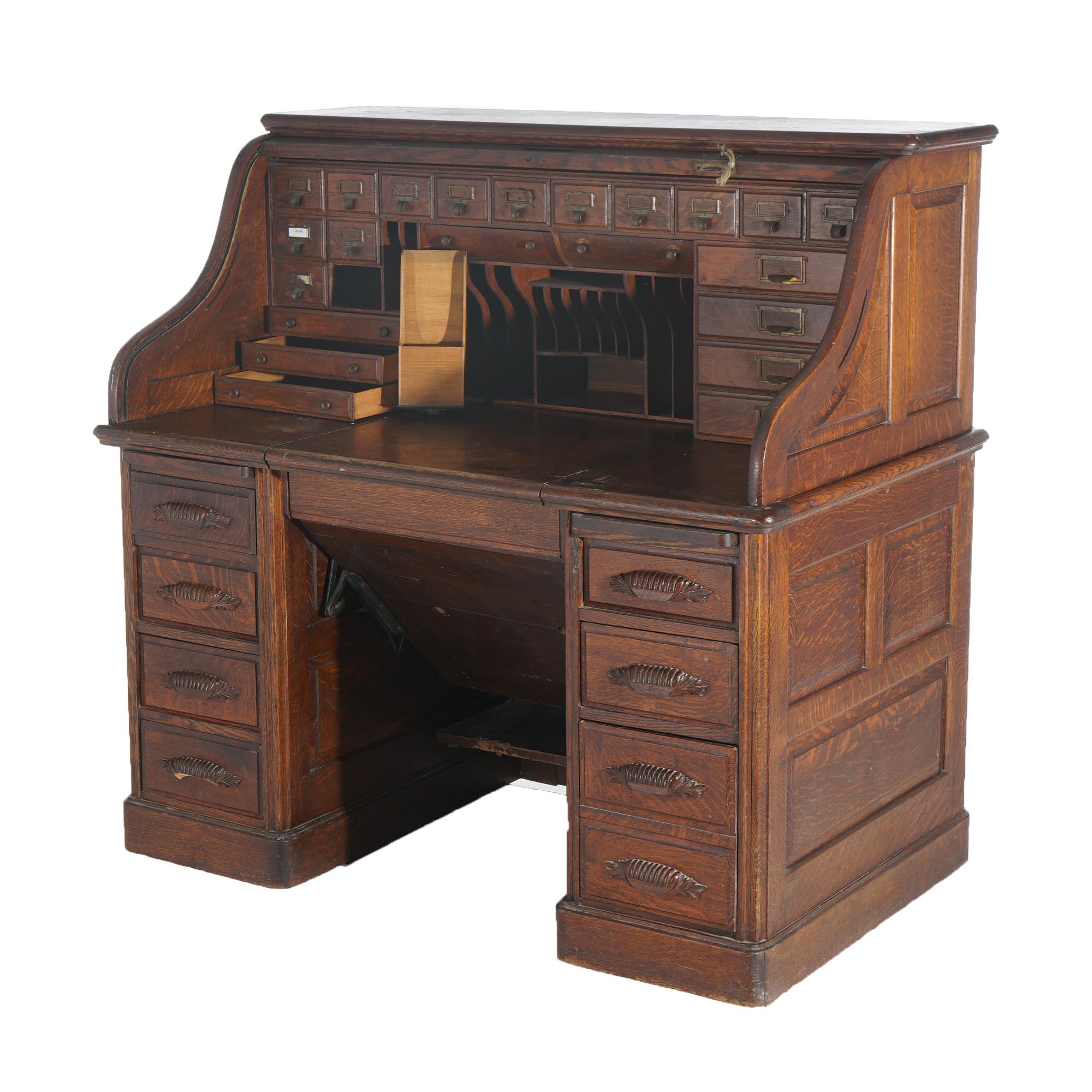 Antique Arts & Crafts Oak Roll Top Paneled Desk with Full Interior C1900 5