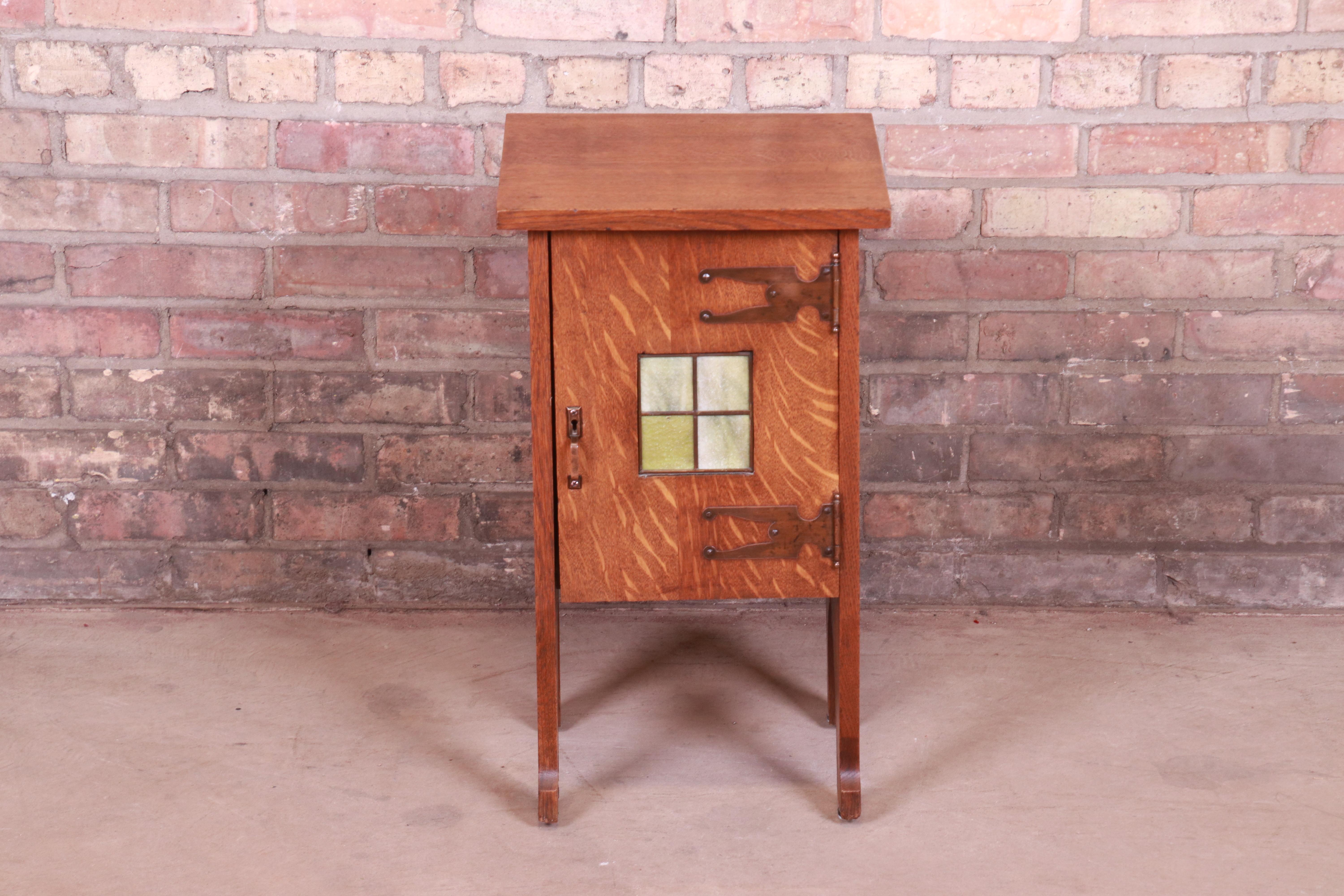 Arts and Crafts Antique Arts & Crafts Oak Side Table with Stained Glass Tile Insert, circa 1900