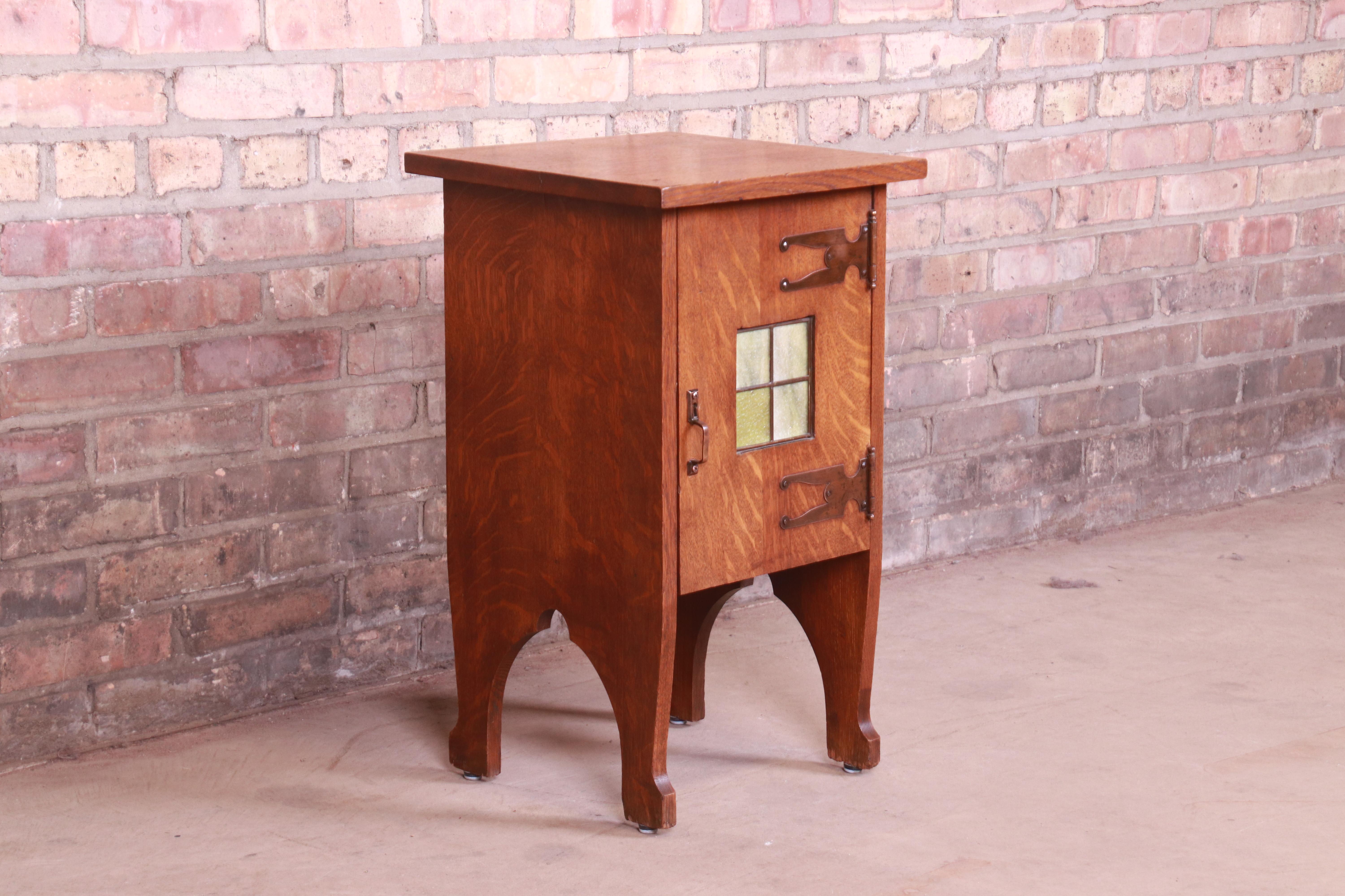 20th Century Antique Arts & Crafts Oak Side Table with Stained Glass Tile Insert, circa 1900