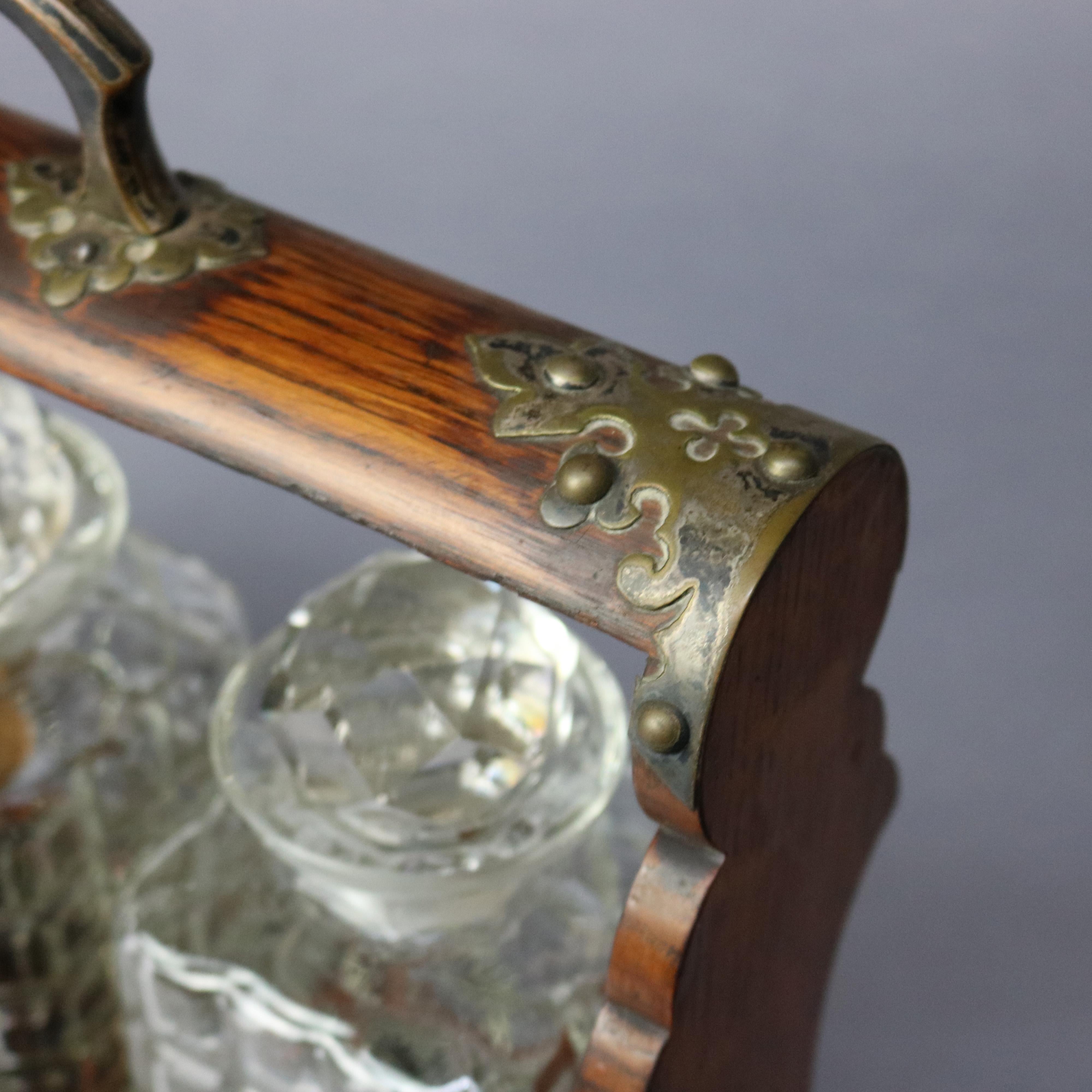 European Antique Arts & Crafts Oak Tantalus Set with Three Decanters, circa 1900