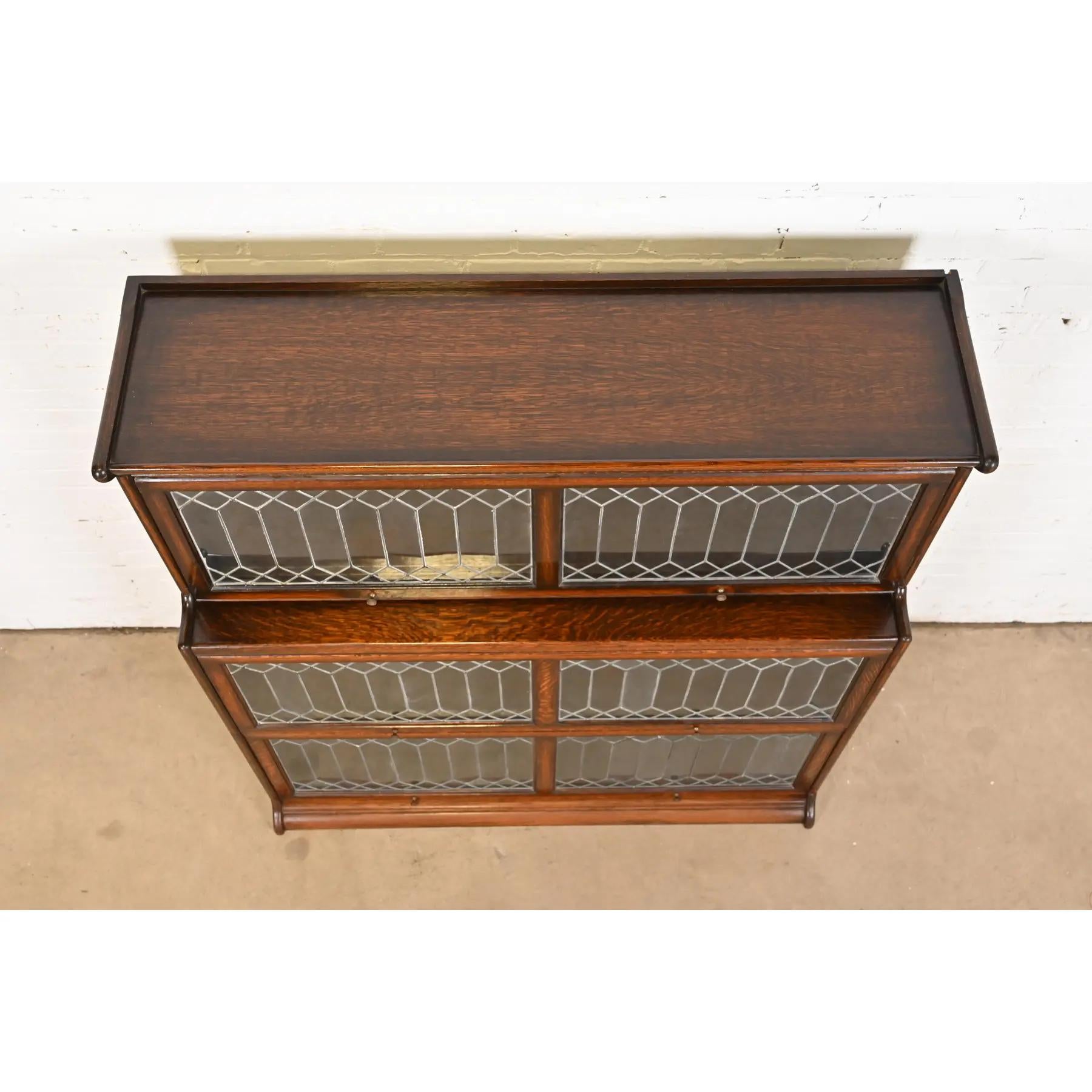 Antique Arts & Crafts Oak Three-Stack Barrister Bookcase With Leaded Glass Doors 3