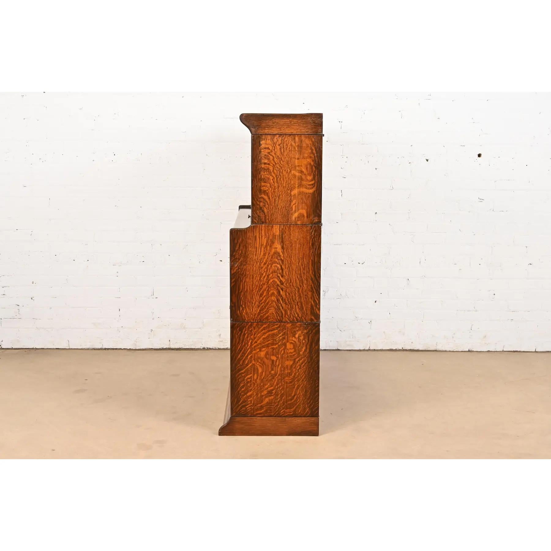 Antique Arts & Crafts Oak Three-Stack Barrister Bookcase With Leaded Glass Doors 4