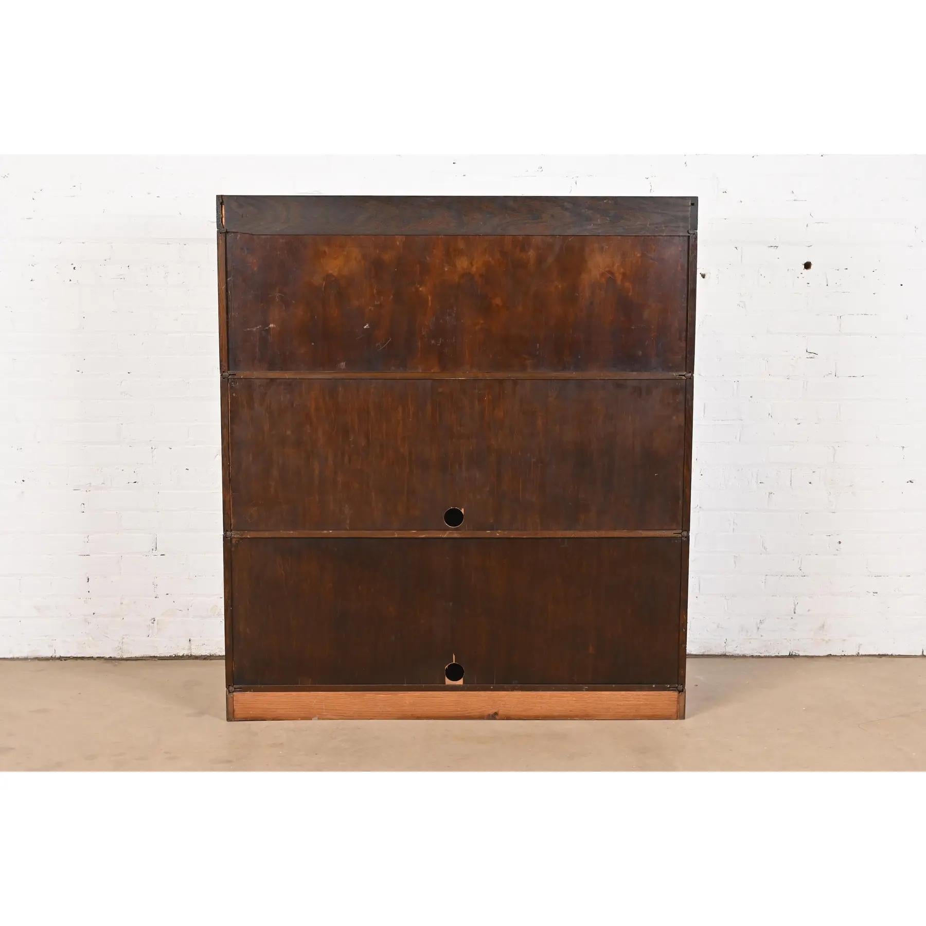 Antique Arts & Crafts Oak Three-Stack Barrister Bookcase With Leaded Glass Doors 5