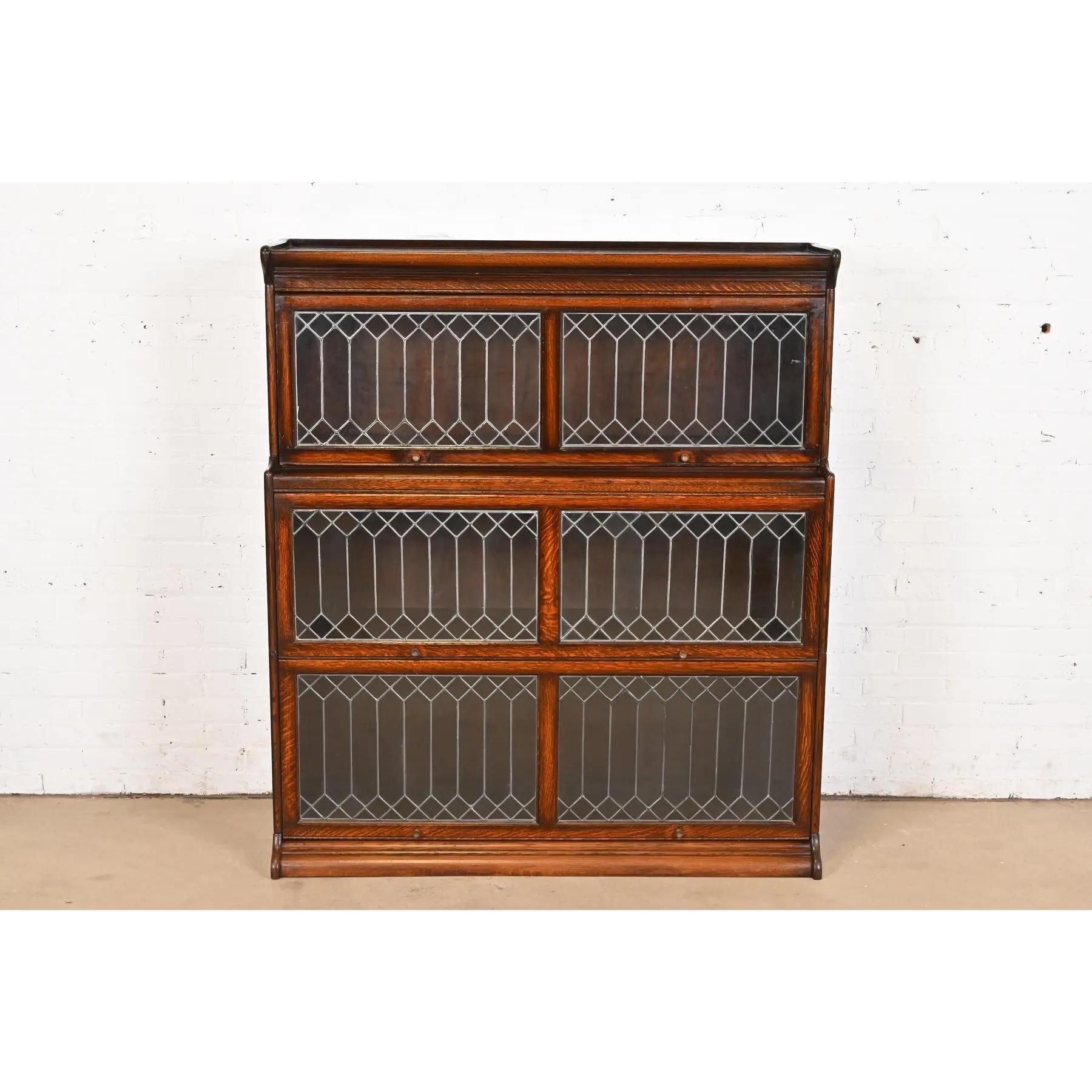 Arts and Crafts Antique Arts & Crafts Oak Three-Stack Barrister Bookcase With Leaded Glass Doors