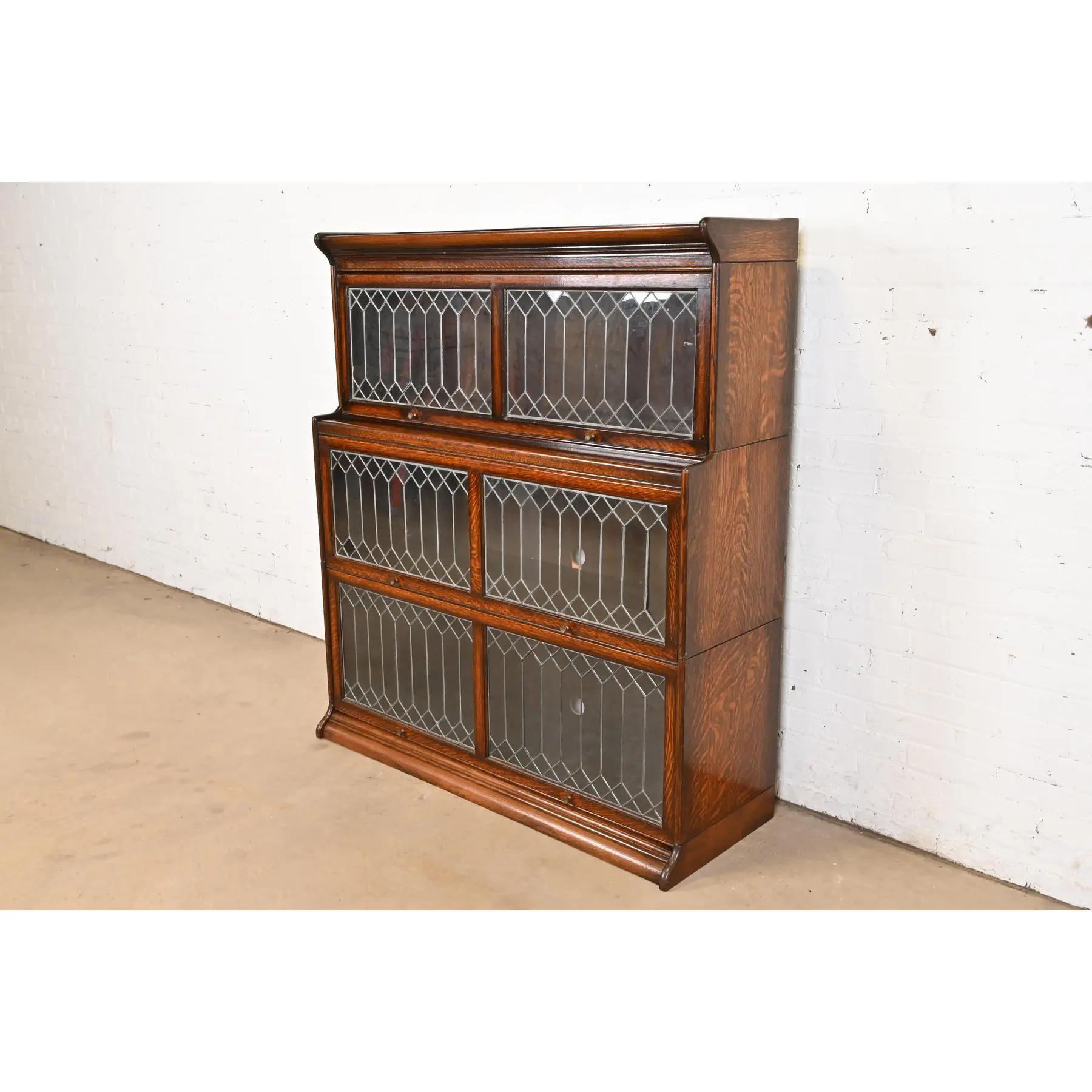 American Antique Arts & Crafts Oak Three-Stack Barrister Bookcase With Leaded Glass Doors