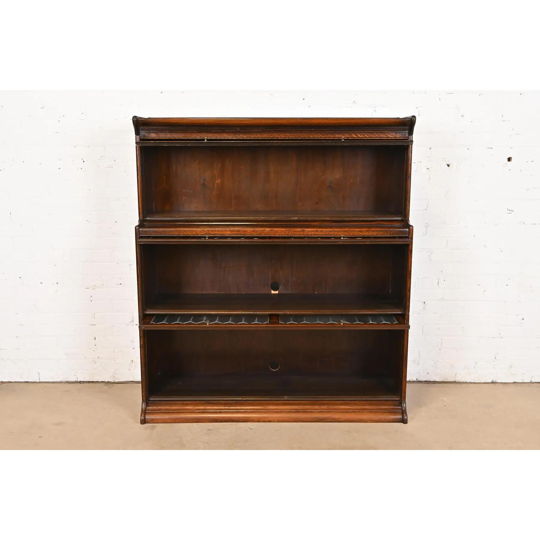 Early 20th Century Antique Arts & Crafts Oak Three-Stack Barrister Bookcase With Leaded Glass Doors