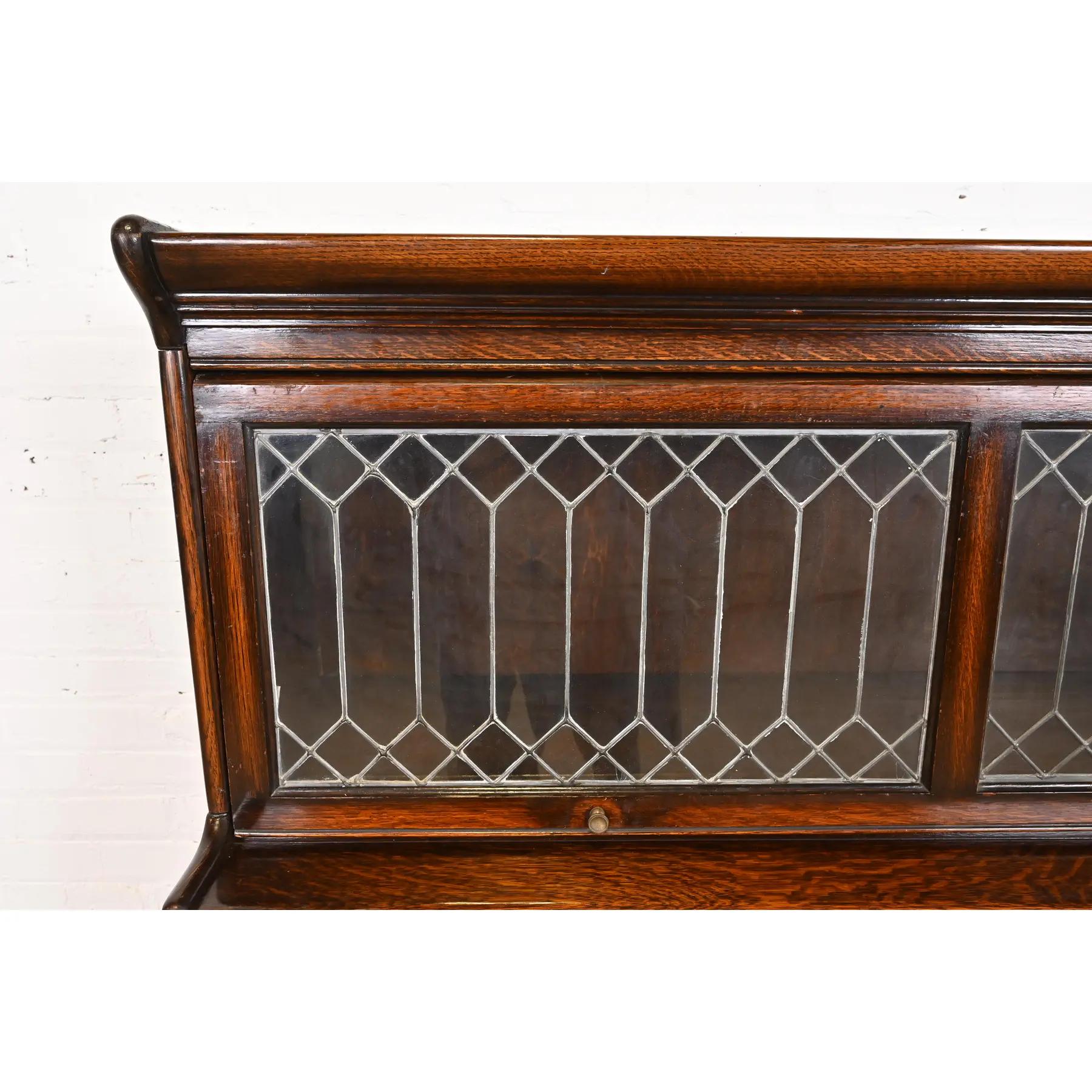 Brass Antique Arts & Crafts Oak Three-Stack Barrister Bookcase With Leaded Glass Doors