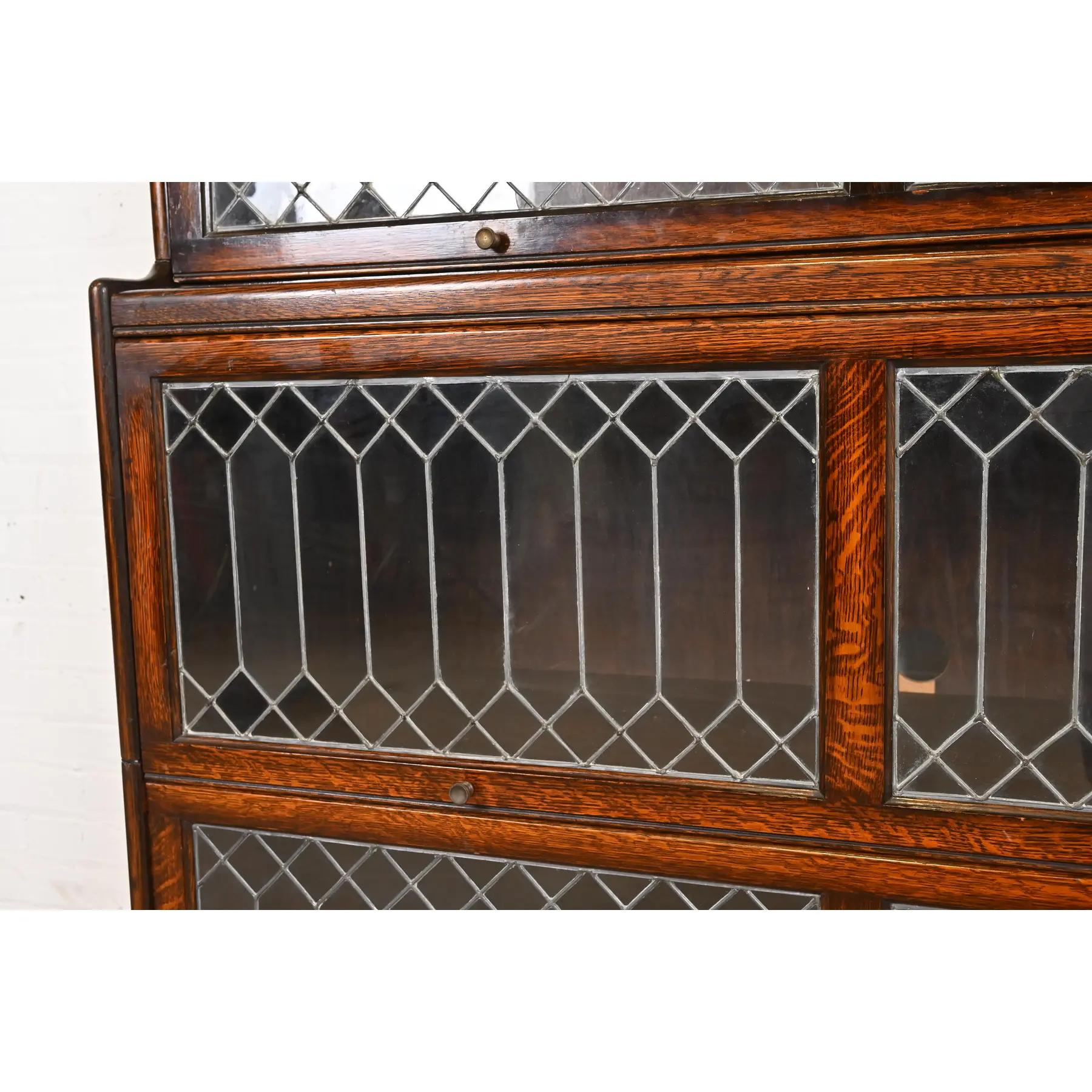 Antique Arts & Crafts Oak Three-Stack Barrister Bookcase With Leaded Glass Doors 1