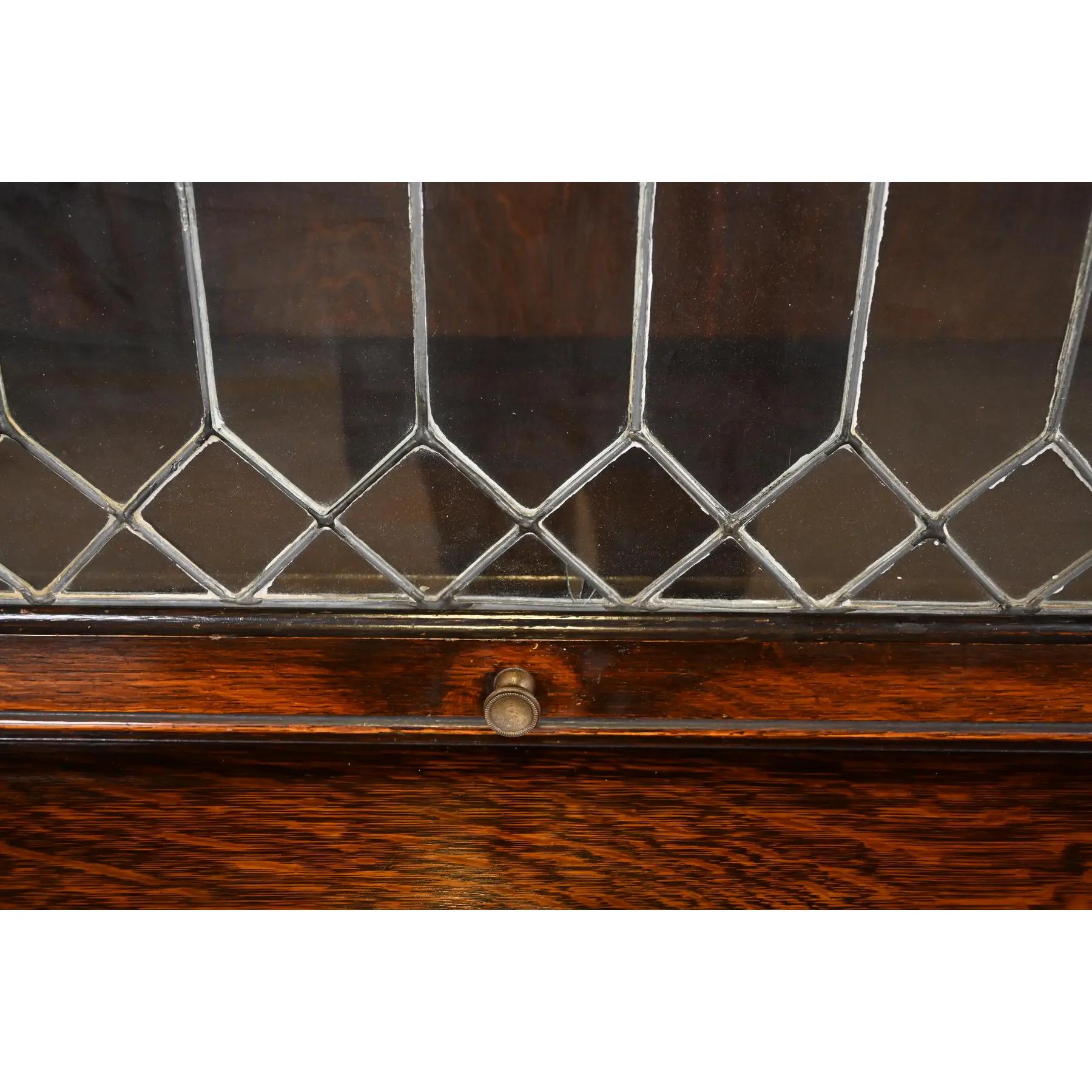 Antique Arts & Crafts Oak Three-Stack Barrister Bookcase With Leaded Glass Doors 2