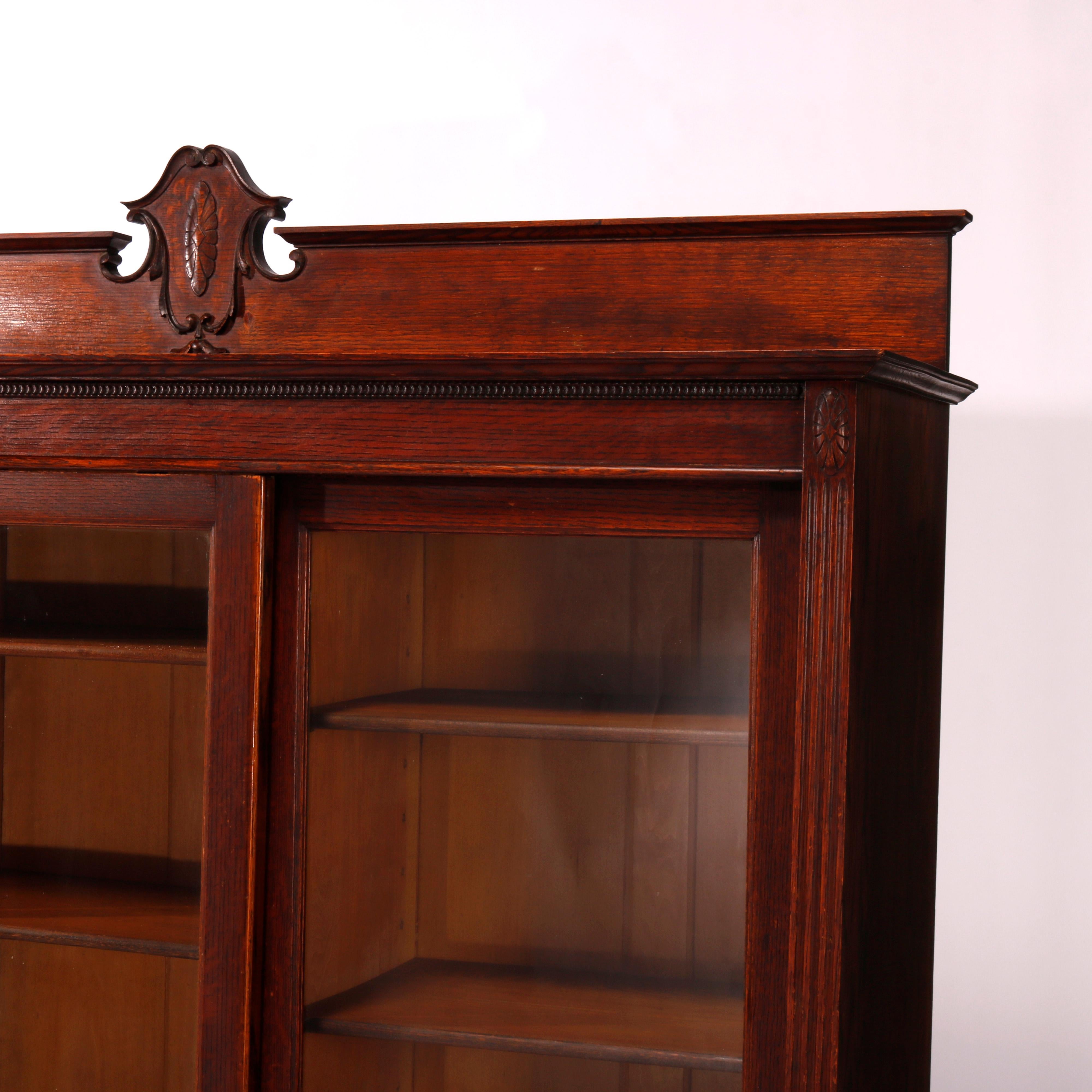 20th Century Antique Arts & Crafts Oak Triple Sliding Door Bookcase Circa 1910