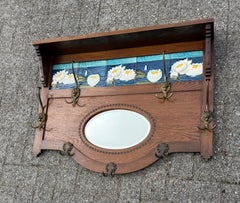 Antique Arts & Crafts Oak Wall Coat Rack with Water Lily Tiles and Mirror