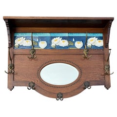Antique Arts & Crafts Oak Wall Coat Rack with Water Lily Tiles and Mirror