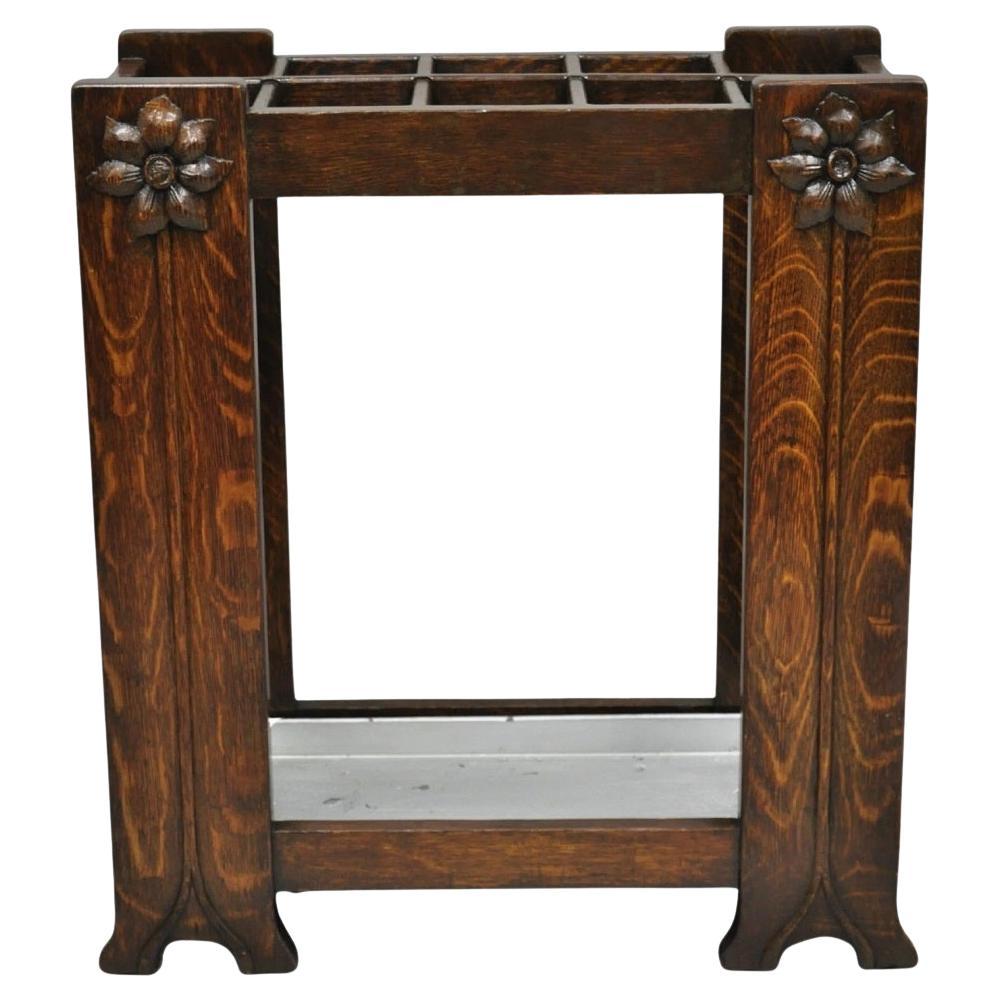 Antique Arts 
Crafts Oak Wood Relief Carved Flower Umbrella Stand by MI Chair For Sale