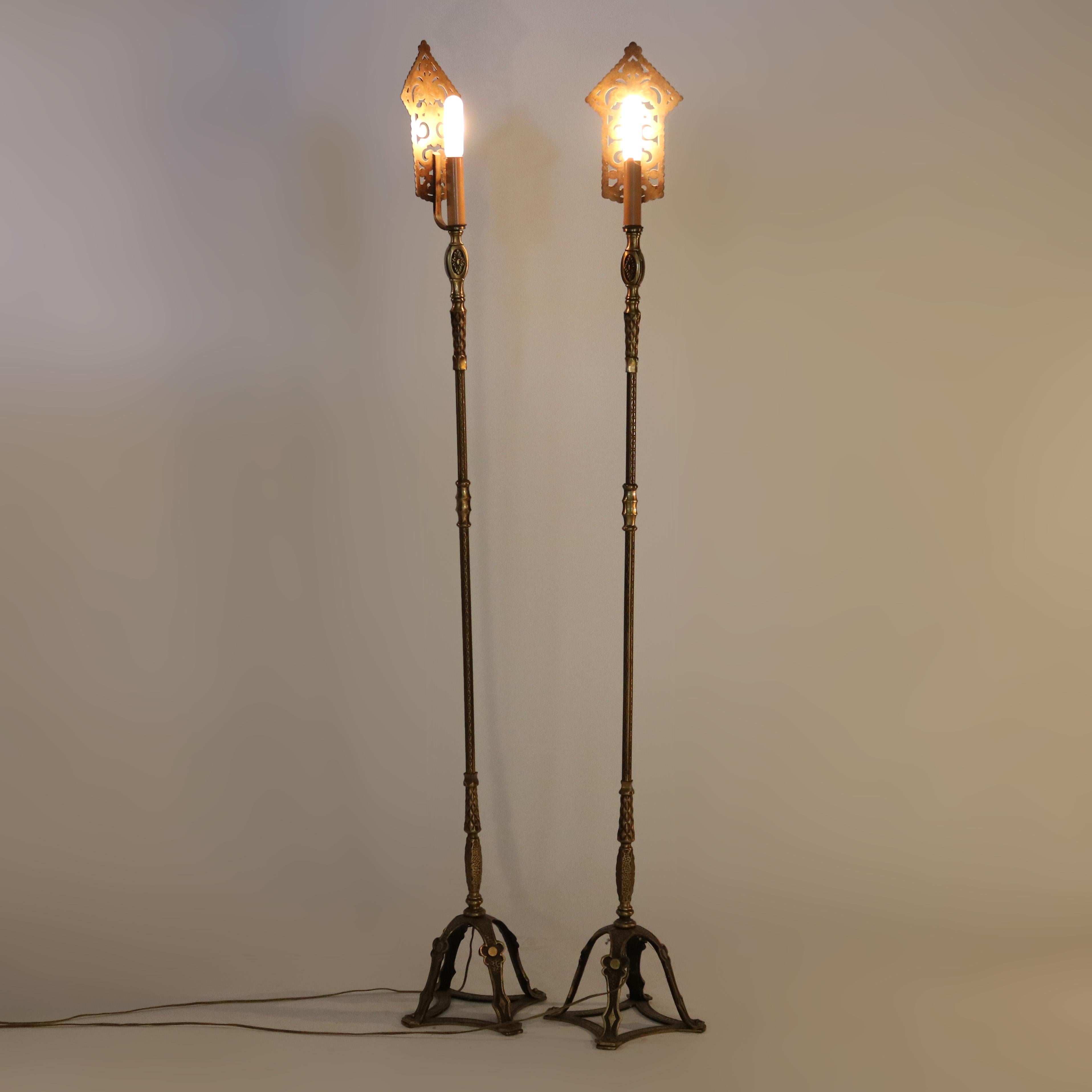 Arts and Crafts Antique Arts & Crafts Oscar Bach Bronzed & Gilt Metal Torchiere Lamps c1920