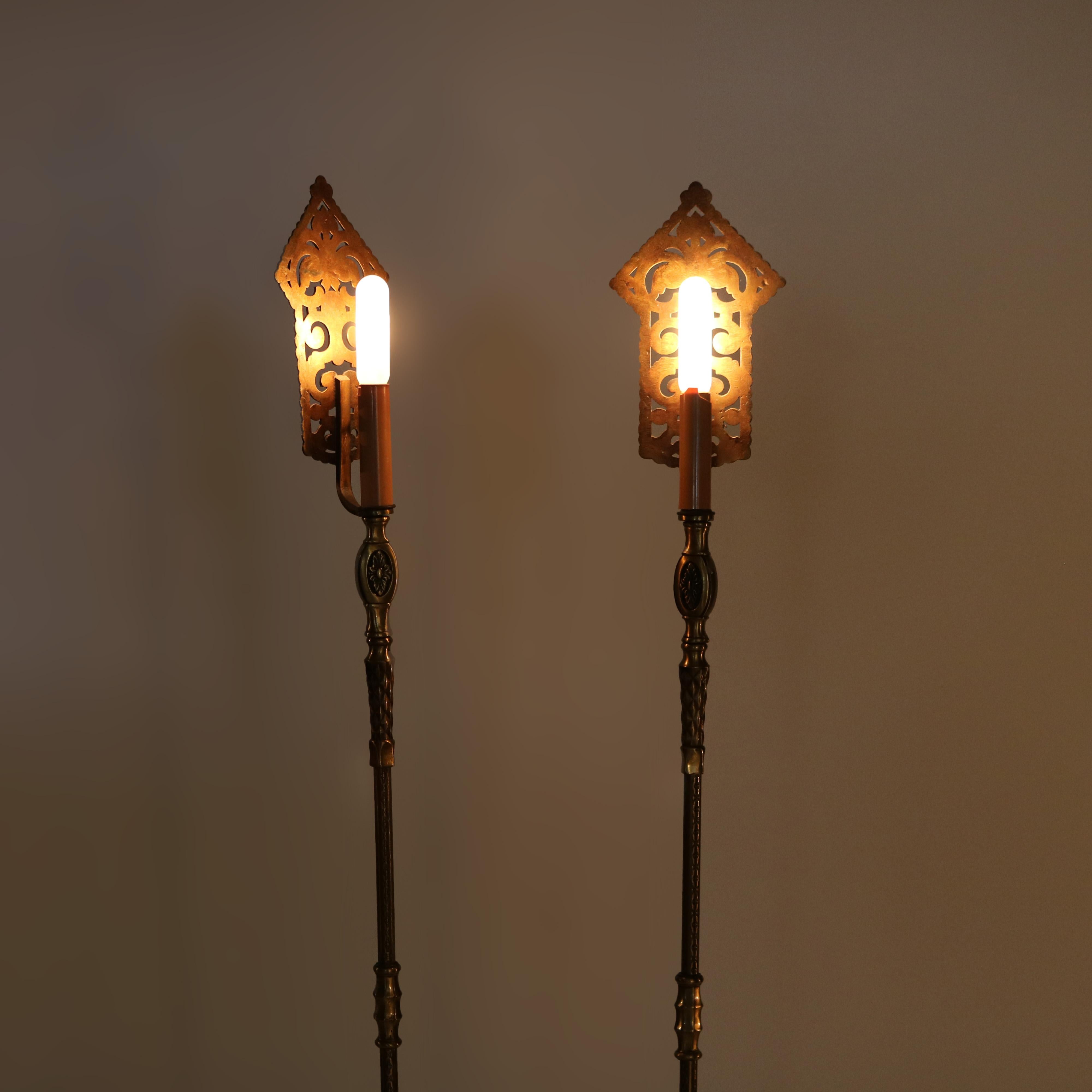 American Antique Arts & Crafts Oscar Bach Bronzed & Gilt Metal Torchiere Lamps c1920