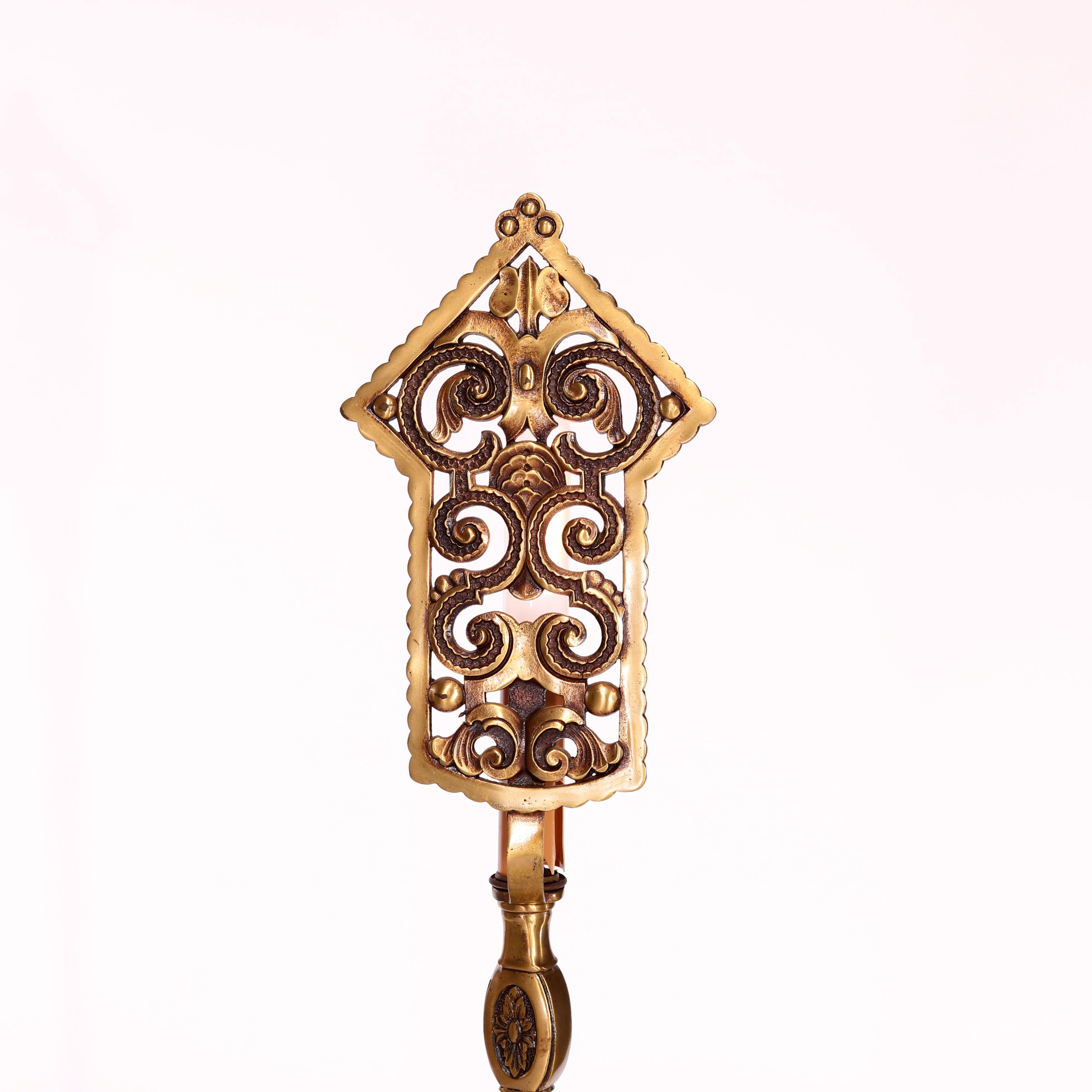 20th Century Antique Arts & Crafts Oscar Bach Bronzed & Gilt Metal Torchiere Lamps c1920