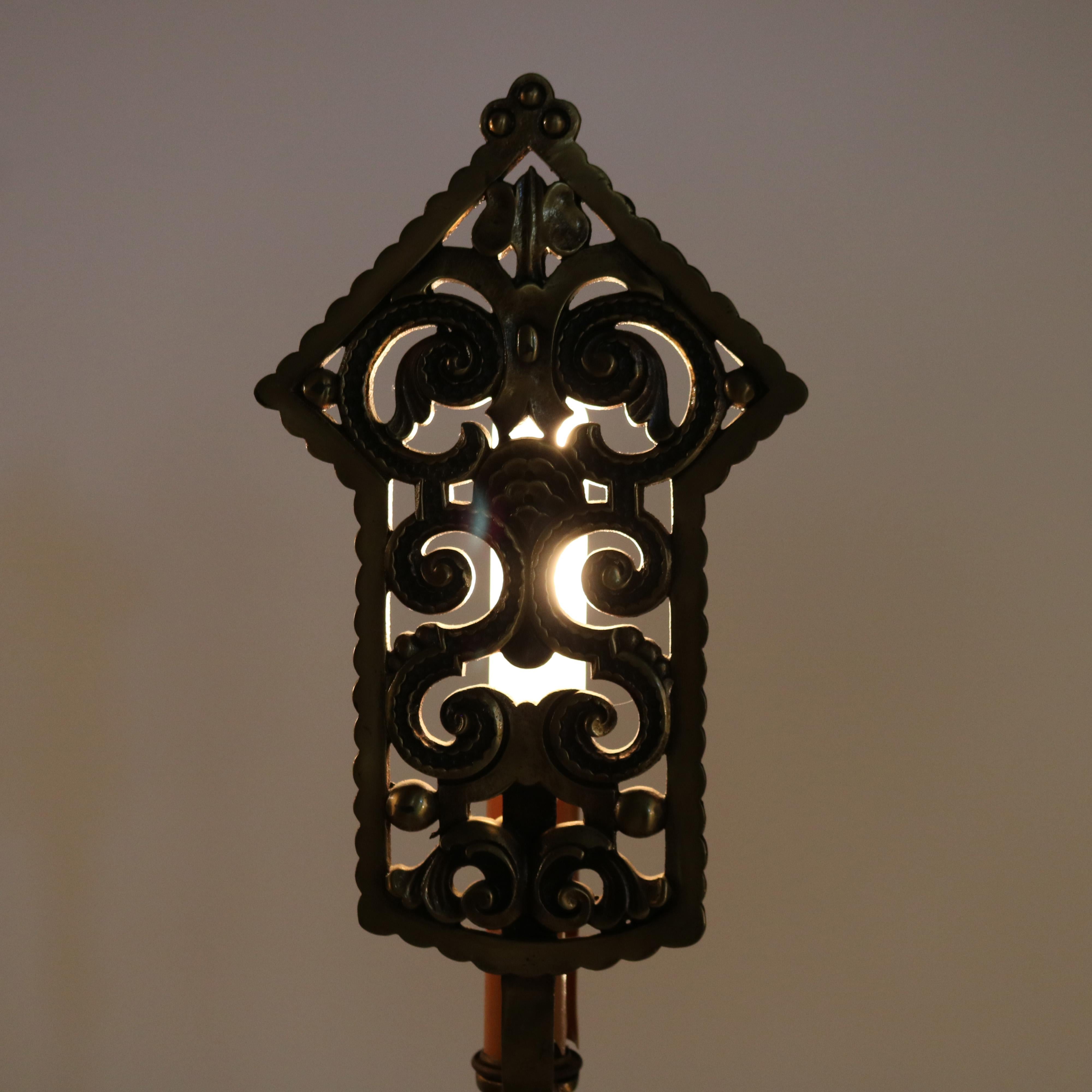 Antique Arts & Crafts Oscar Bach Bronzed & Gilt Metal Torchiere Lamps c1920 1
