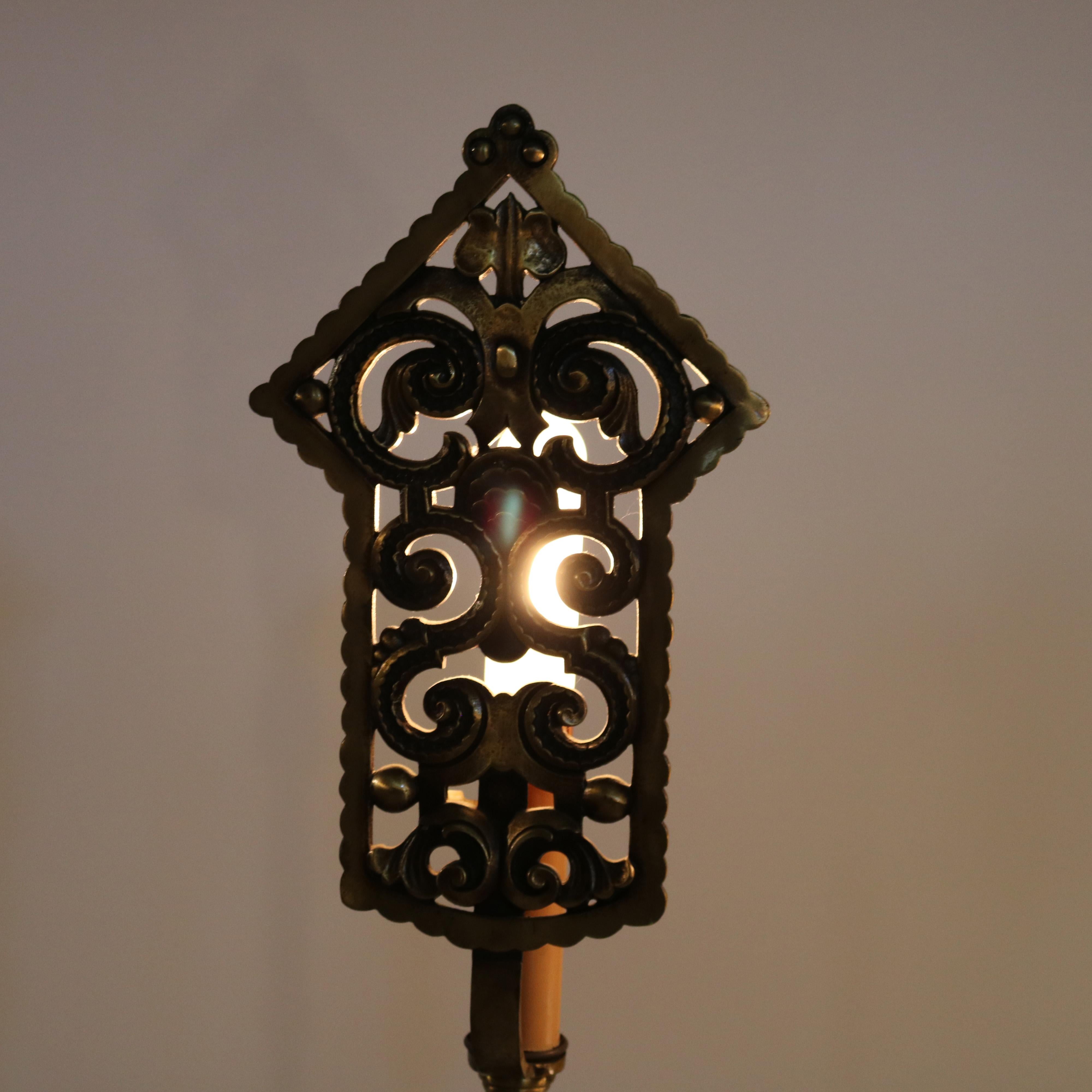 Antique Arts & Crafts Oscar Bach Bronzed & Gilt Metal Torchiere Lamps c1920 2