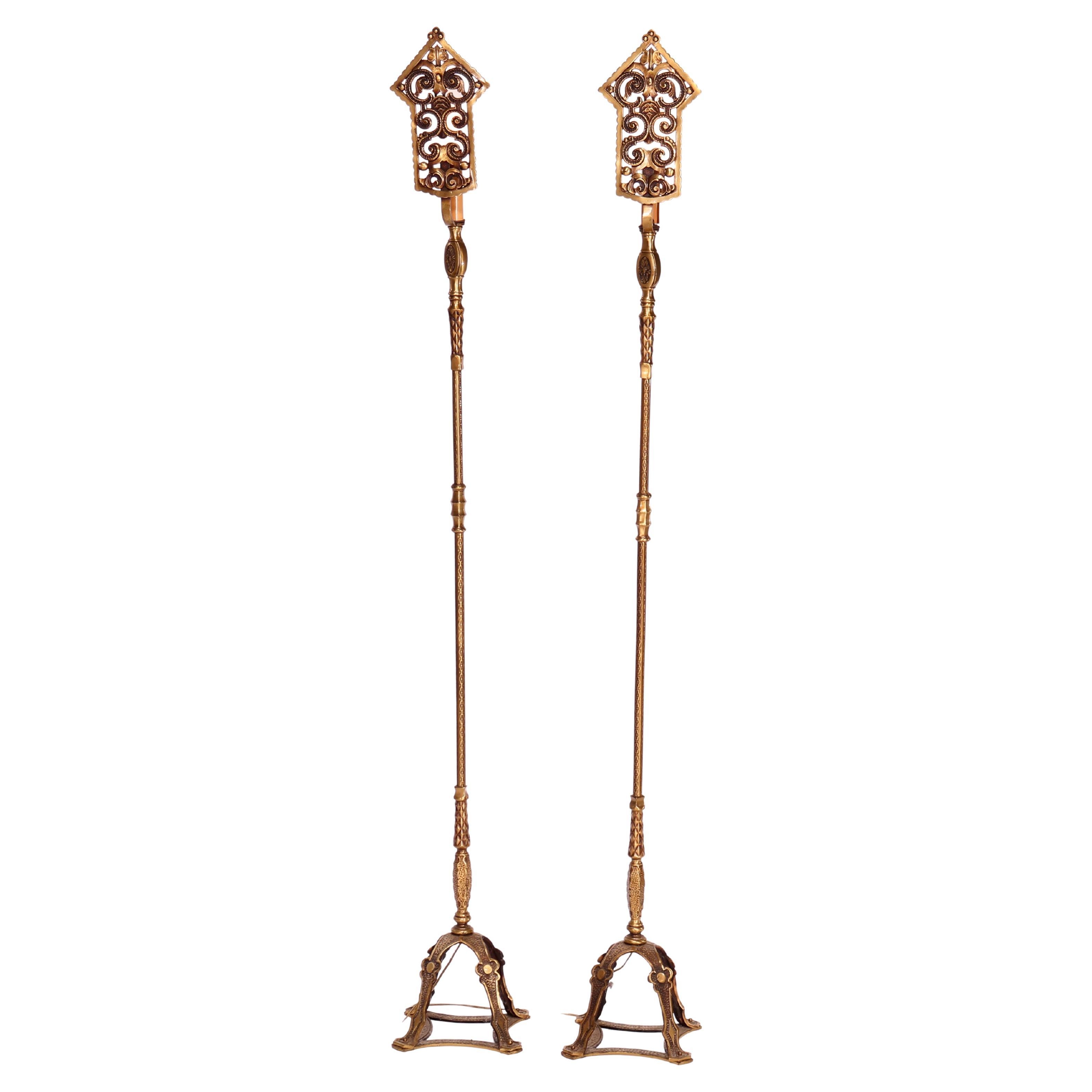 Antique Arts & Crafts Oscar Bach Bronzed & Gilt Metal Torchiere Lamps c1920