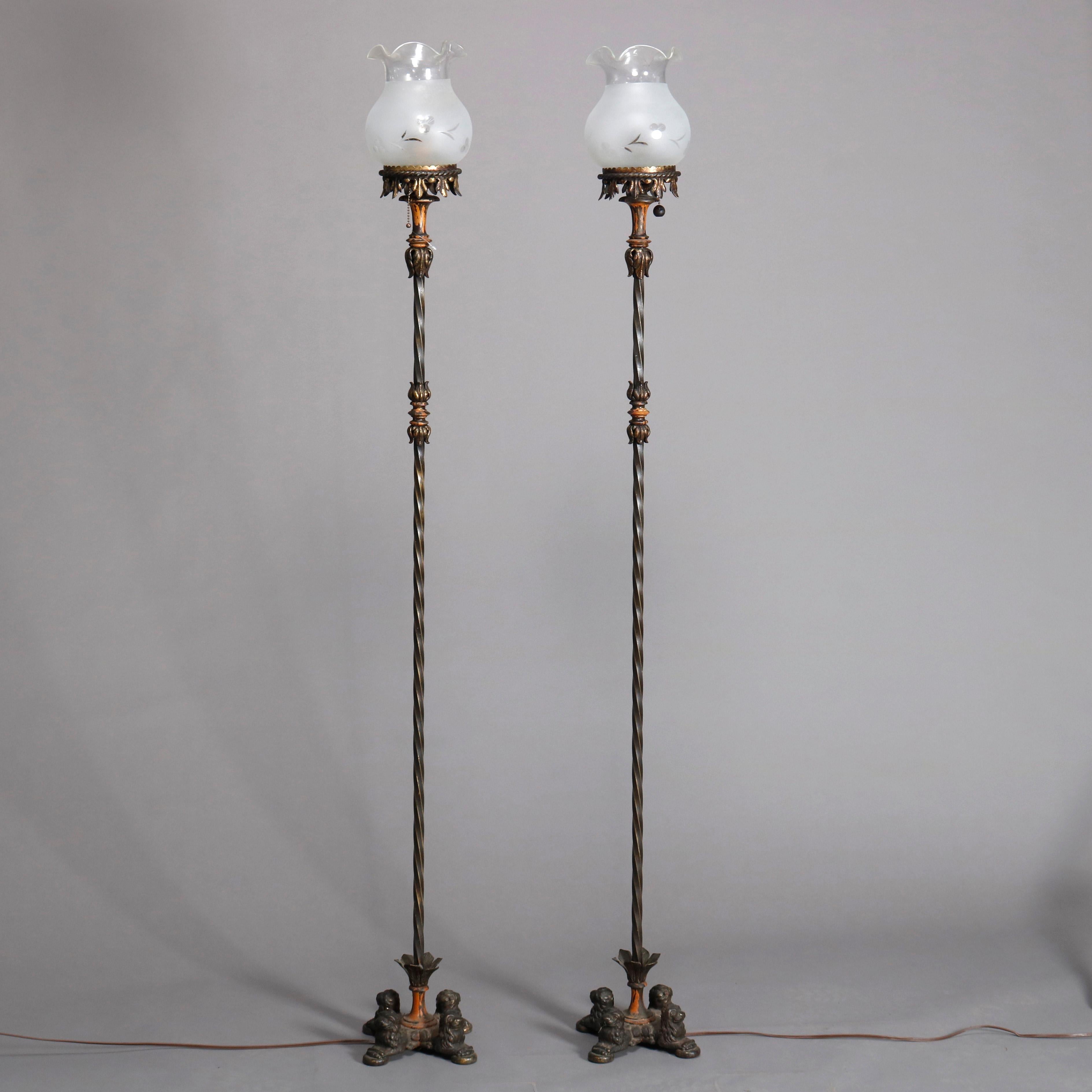 Antique Arts & Crafts Oscar Bach School Figural Bronzed Torchiere Lamps 6
