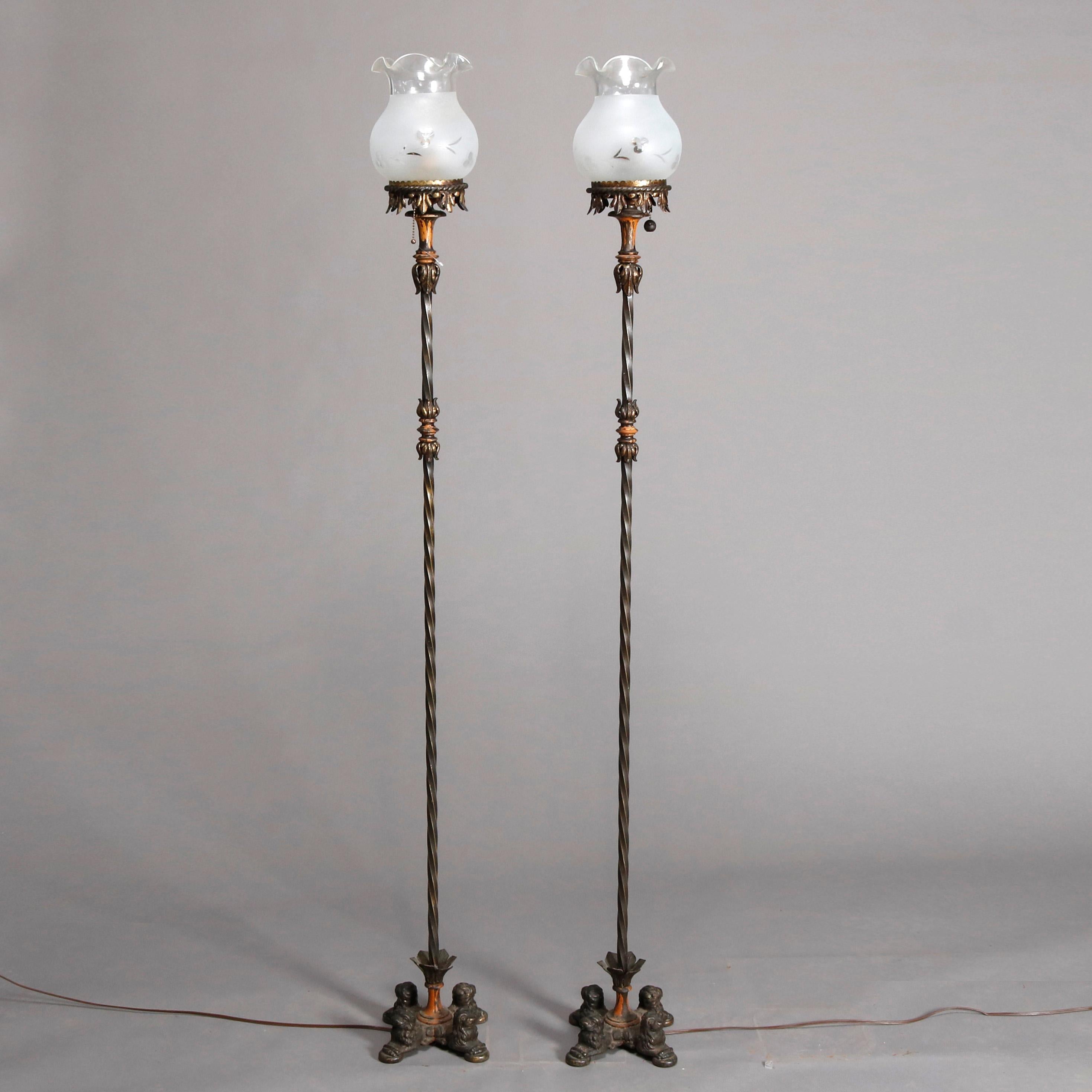 Antique Arts & Crafts Oscar Bach School Figural Bronzed Torchiere Lamps 2