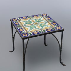 Antique Arts & Crafts Oscar Bach School Wrought Iron & Tile Side Table, c1930