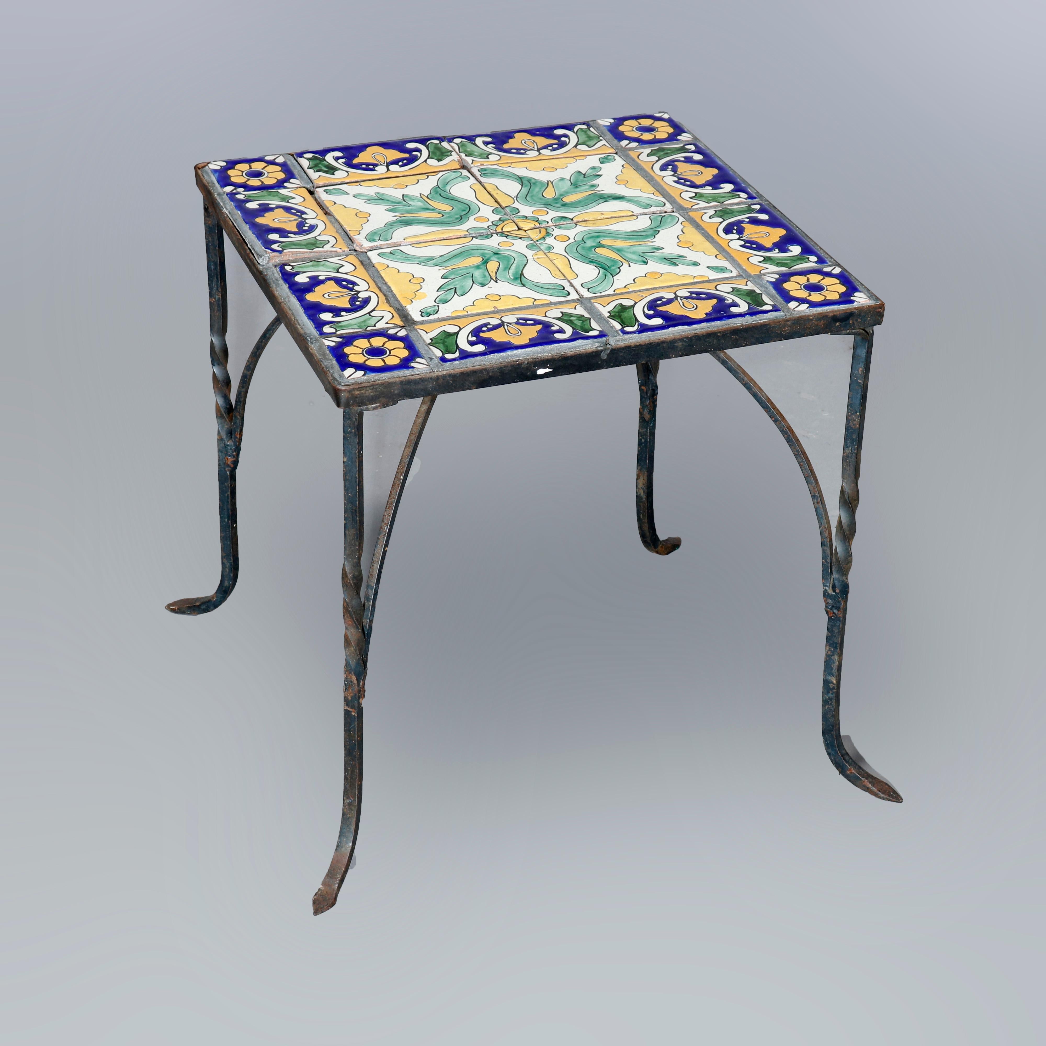 Antique Arts & Crafts Oscar Bach School Wrought Iron & Tile Side Table, c1930 In Good Condition In Big Flats, NY