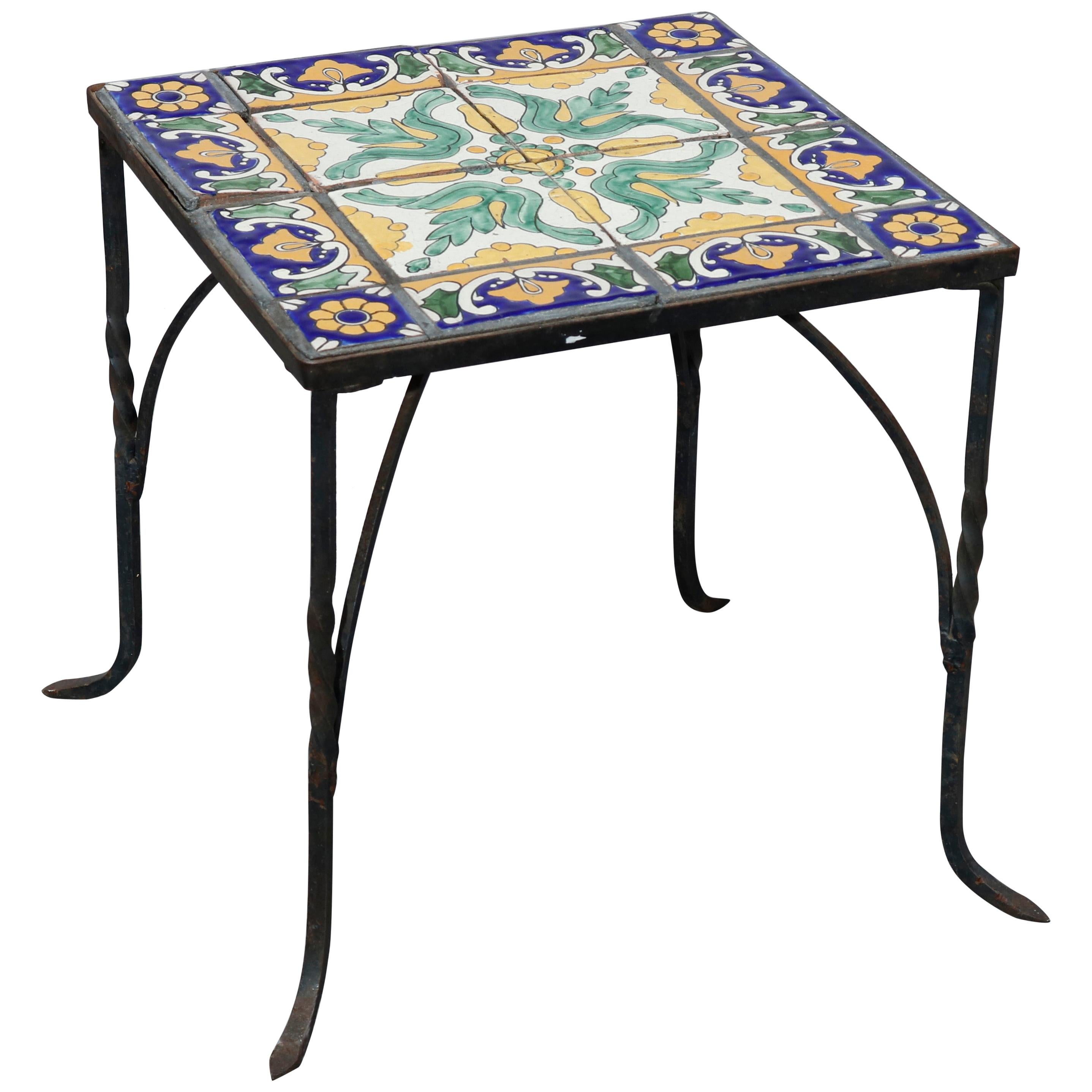 Antique Arts & Crafts Oscar Bach School Wrought Iron & Tile Side Table, c1930
