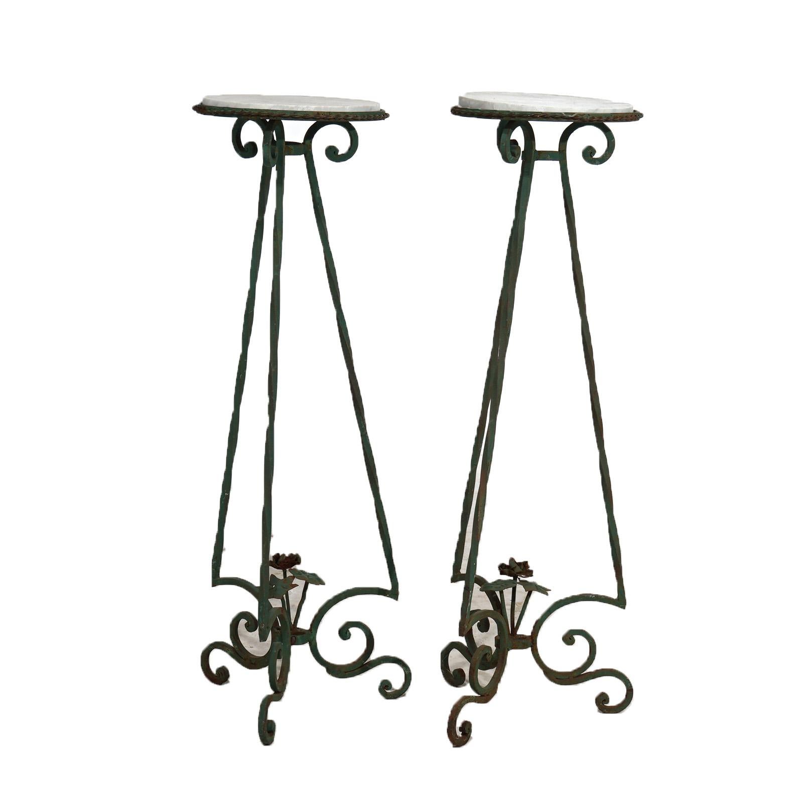 Arts and Crafts Antique Arts & Crafts Oscar Bach Style Wrought Iron & Marble Plant Stands C1920 For Sale
