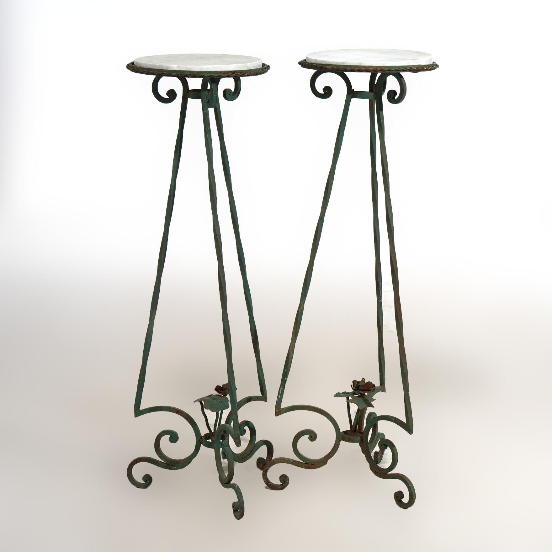 Antique Arts & Crafts Oscar Bach Style Wrought Iron & Marble Plant Stands C1920 In Good Condition For Sale In Big Flats, NY